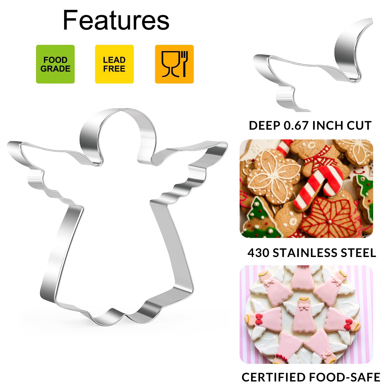 Kaishane Angel Cookie Cutter 4.3 Inch Stainless Steel Biscuit Cutters Holiday Cookies Molds For Christmas Baking