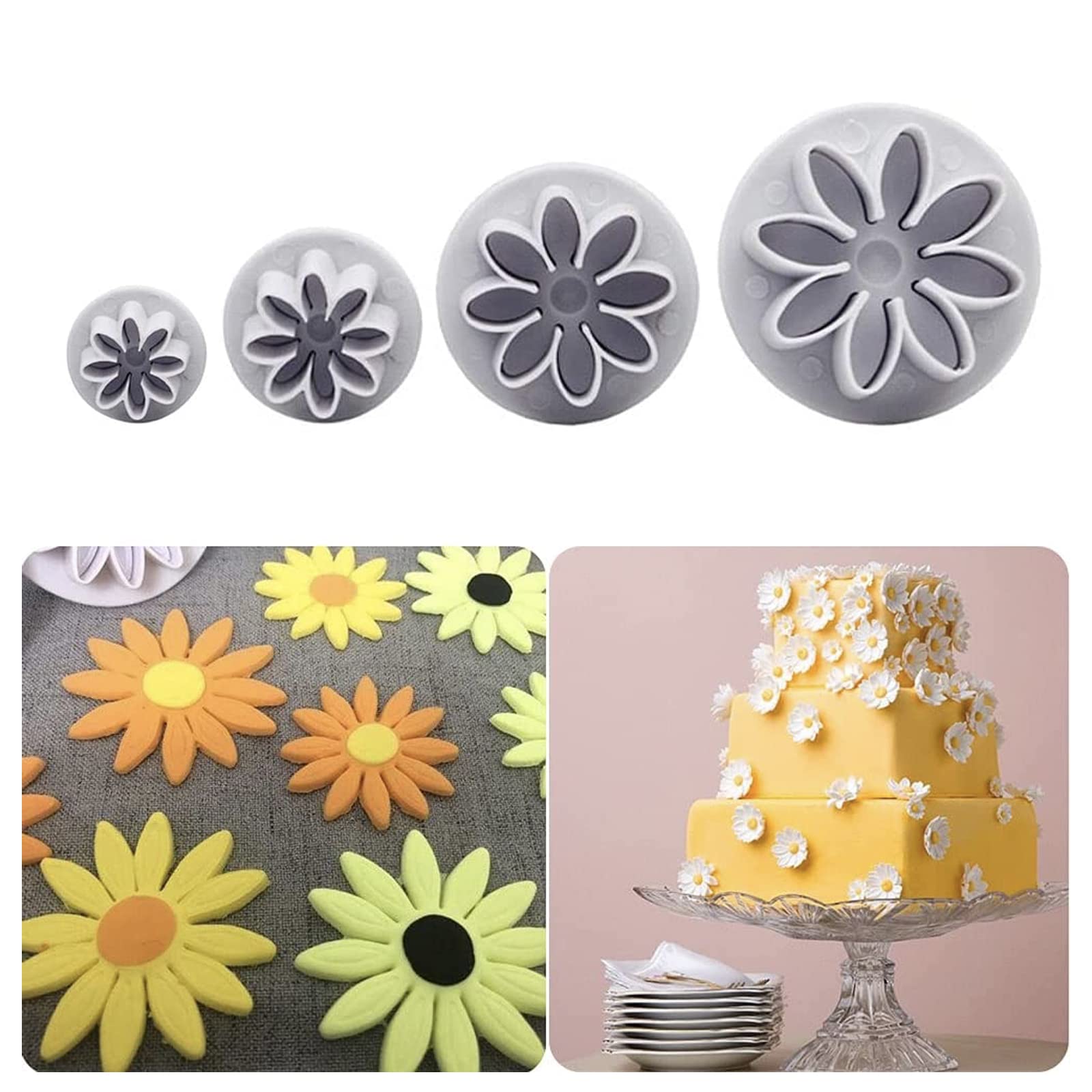 Sunflower Fondant Cutter Flower Molds For Fondant 4Pc Chrysanthemum 8Petals Daisy Plunger Cutter Gerbera Cutting Set Cookie Cutt