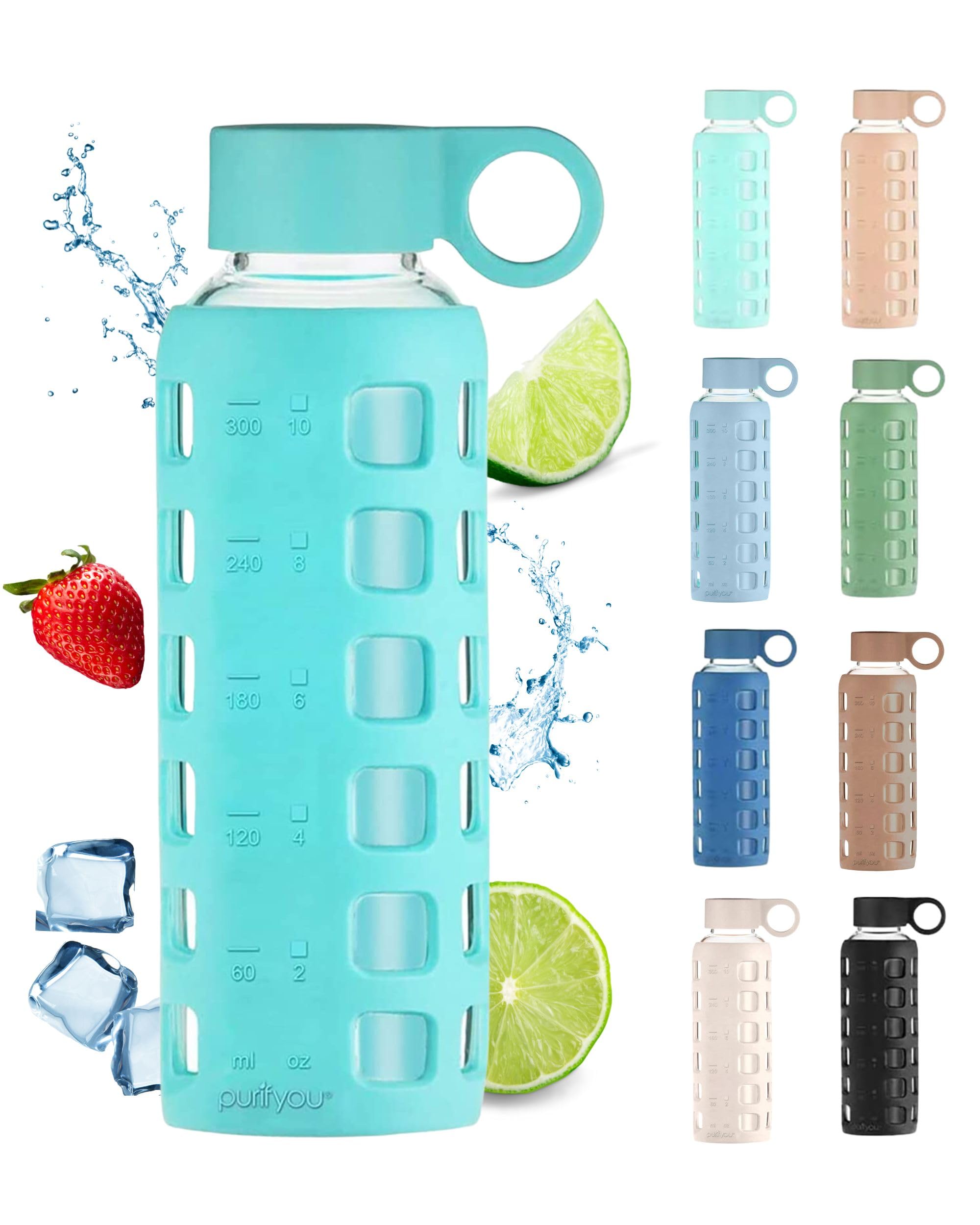 Purifyou Premium 40/32 / 22/12 Oz Glass Water Bottles With Volume & Times To Drink, Silicone Sleeve & Stainless Steel Lid Insert