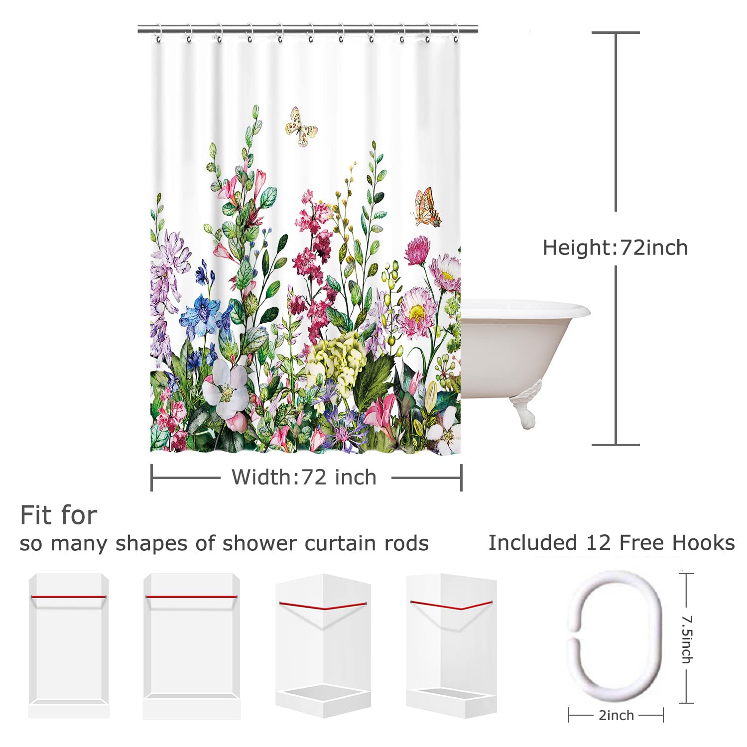 LIVILAN Floral Shower Curtain Flower Shower Curtain for Bathroom Colorful Plant Botanical Wildflower Flowered Shower Curtains with 12 Hooks Decorative Fabric Leaf Greenery  72'' W x 72'' H