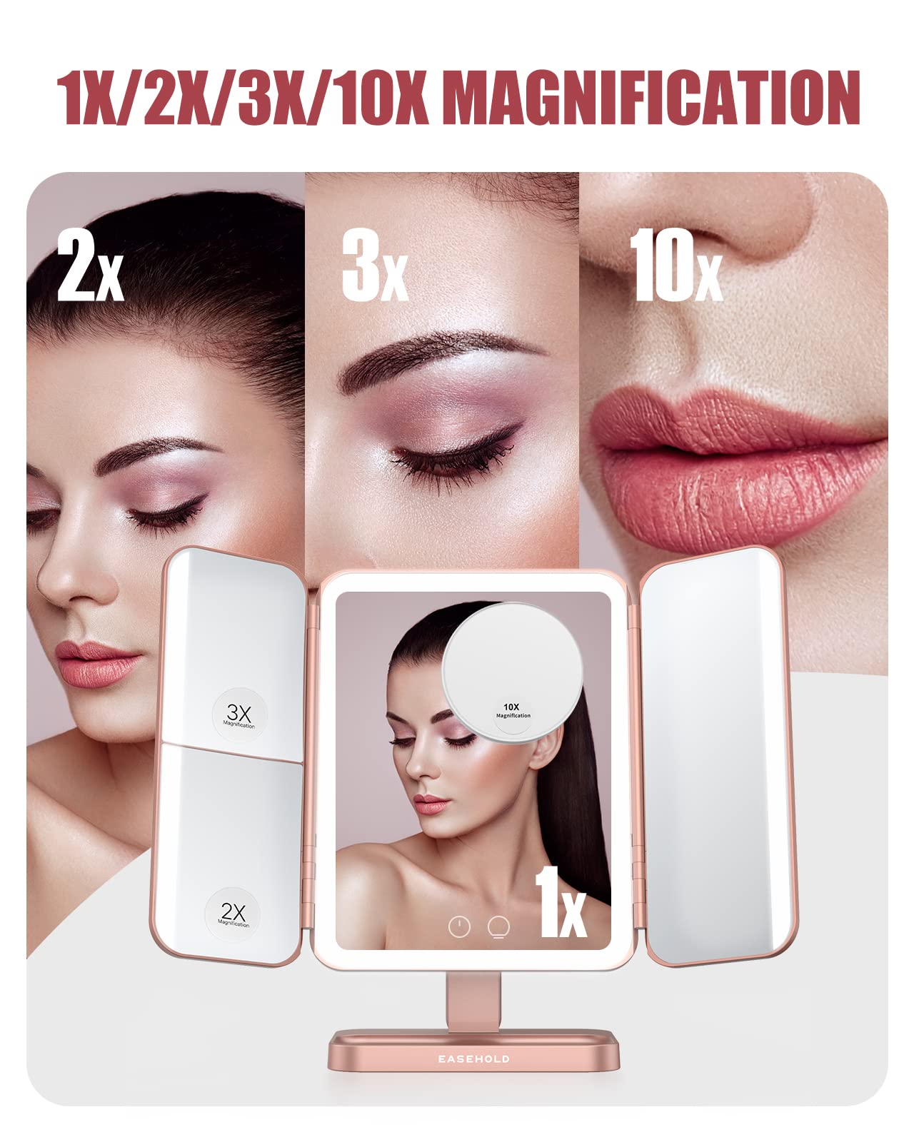 Easehold Rechargable Makeup Mirror Vanity Mirror With Lights, 5000Mah & Usb Cable, 112 Leds Lighted Trifold Mirror With 1X 2X 3X