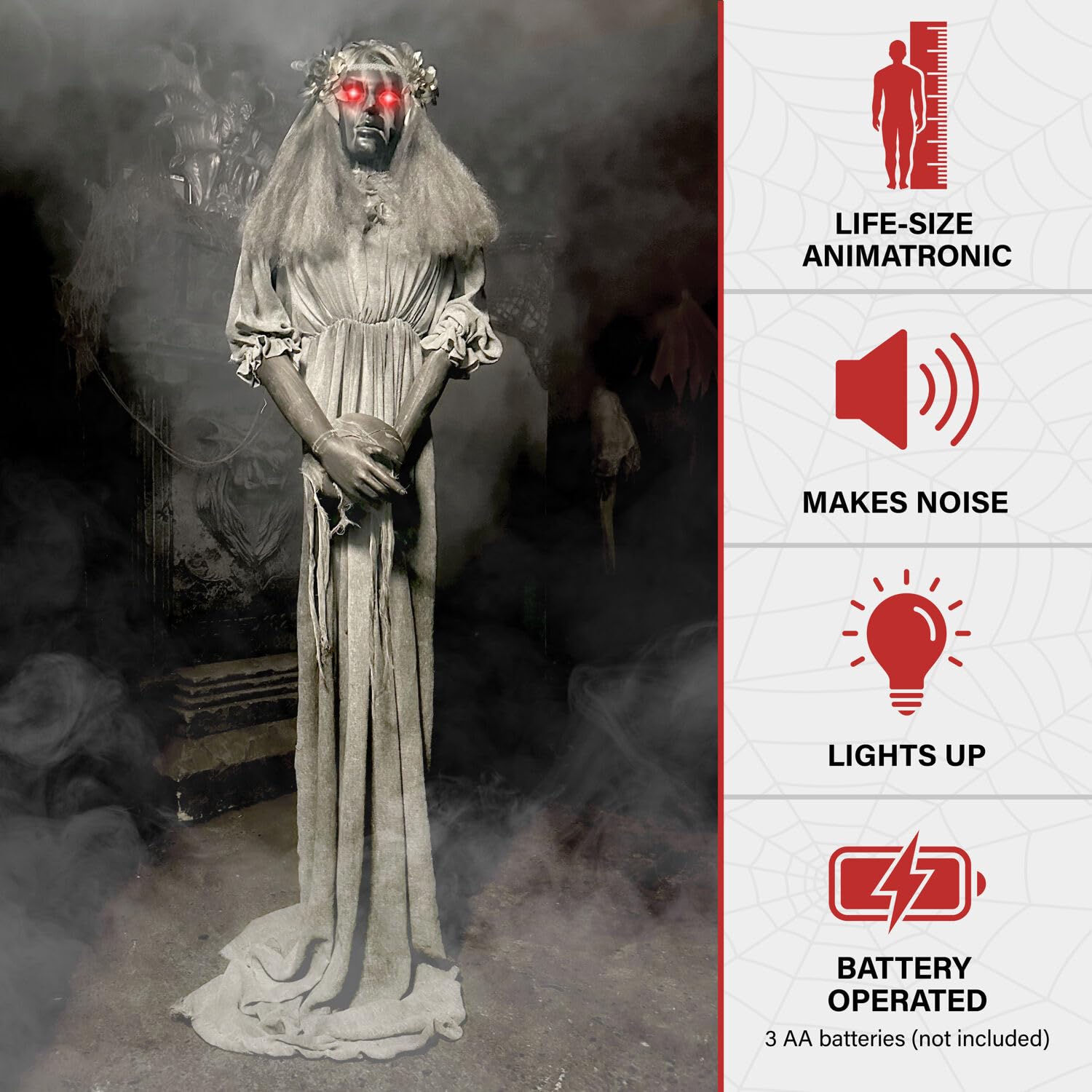 Haunted Hill Farm Lifesize 5.5-Ft Animatronic Scary Haunted Lady Statue with Touch Activated Lights and Sound, Battery-Operated
