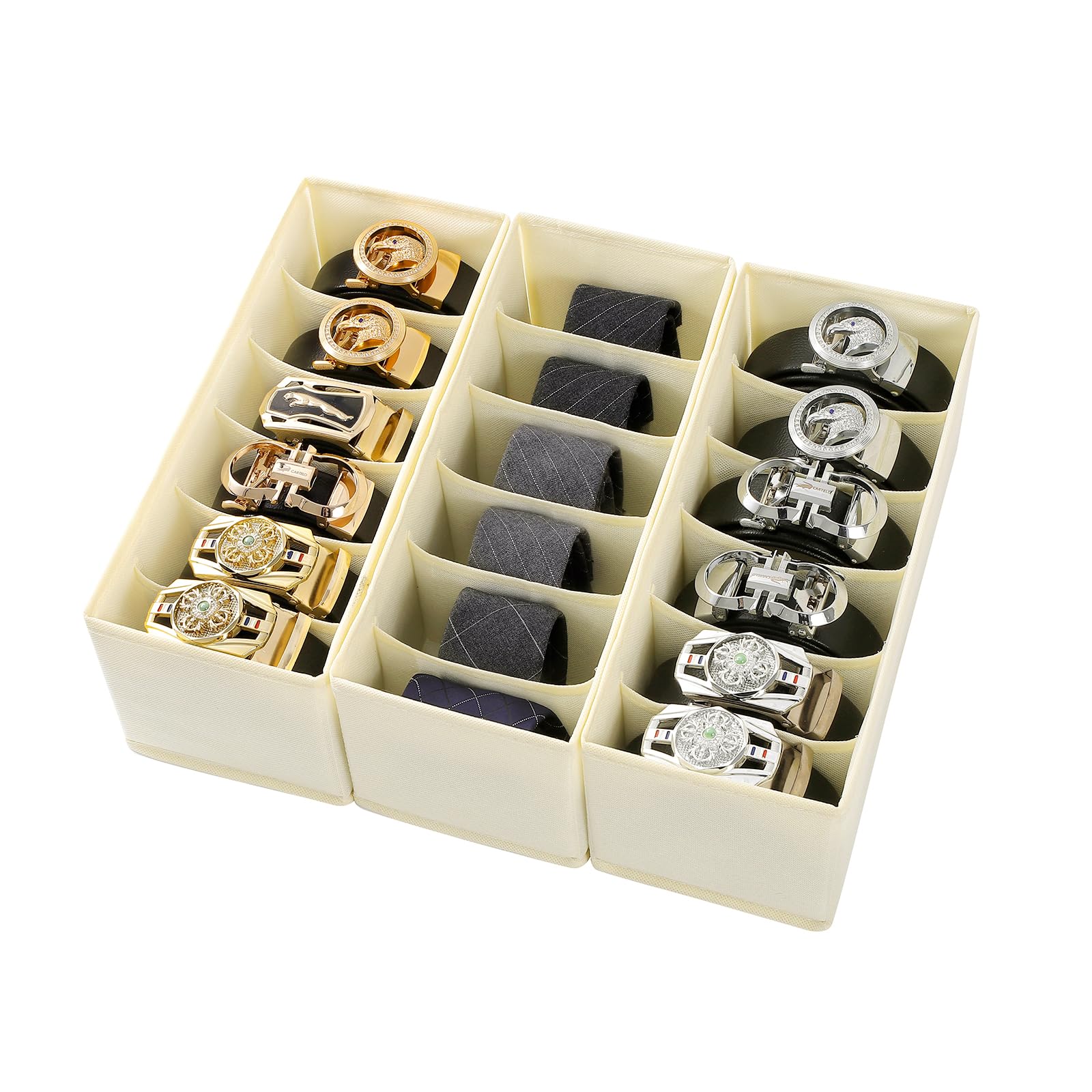 Coorganisers 3 Packs Fabric Belt Organizer, 6 Grids Belt Organizer for Closet and Drawer, Foldable Dresser Drawer Organizers, Ti