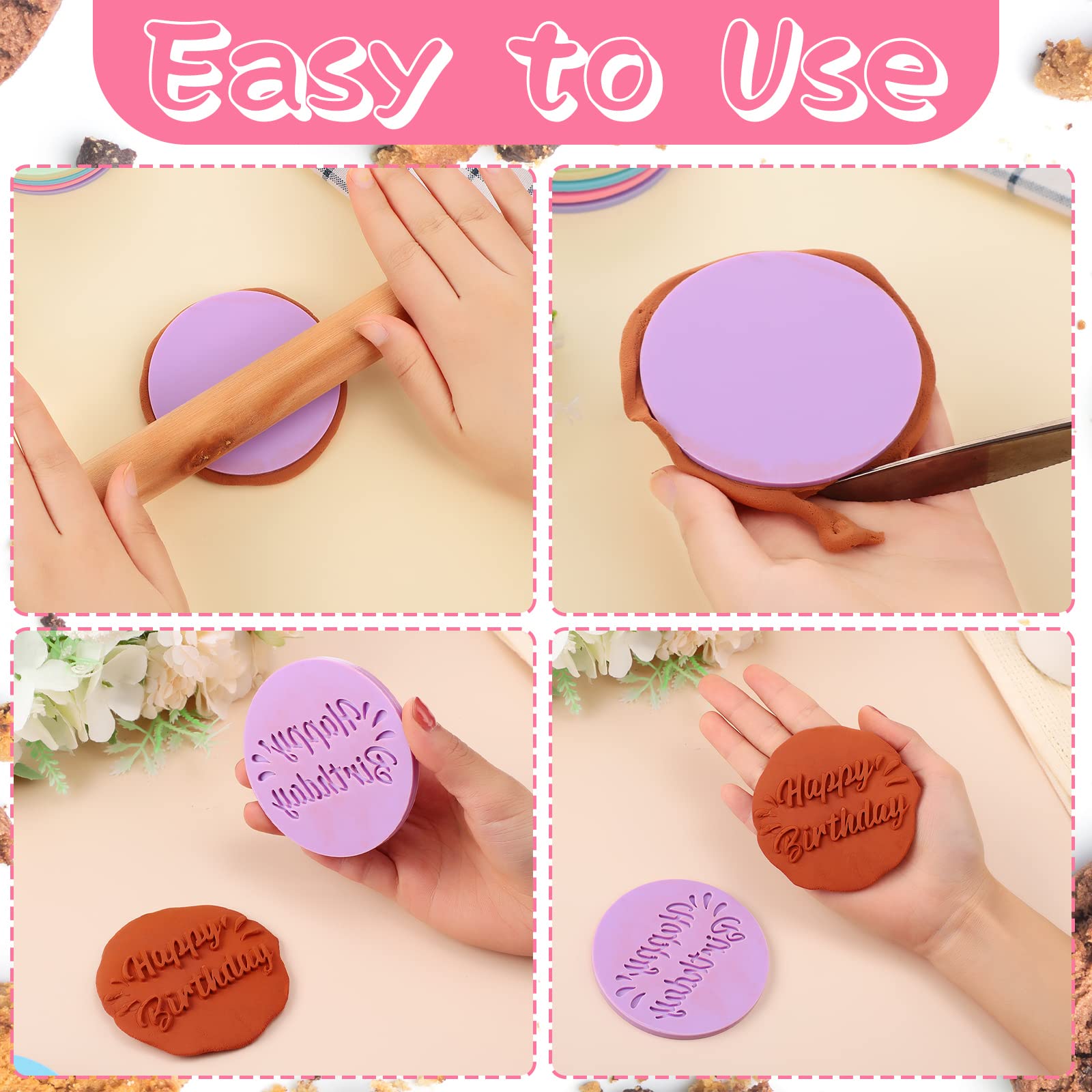 6 Pcs Happy Birthday Fondant Embosser Cookie Stamps 3D Design Cookie Cutters Happy Birthday Fondant Stamp For Party Decorating F