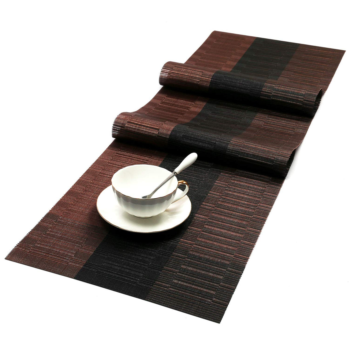Shacos Table Runners Woven Vinyl Table Mats 12X54 Inch For Kitchen Dining Table Non Slip Washable, Ombre Coffee Black