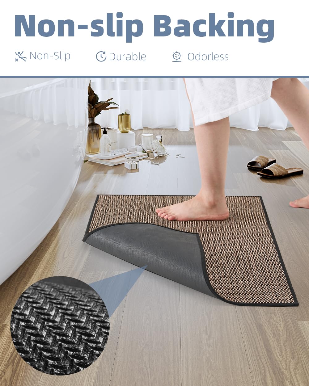 Padoor Non-Slip Bath-Mats, Rubber-Backing Braided Absorbent Mats, Machine Washable Thin Bath Rugs Fit Under Door, Quick Dry For