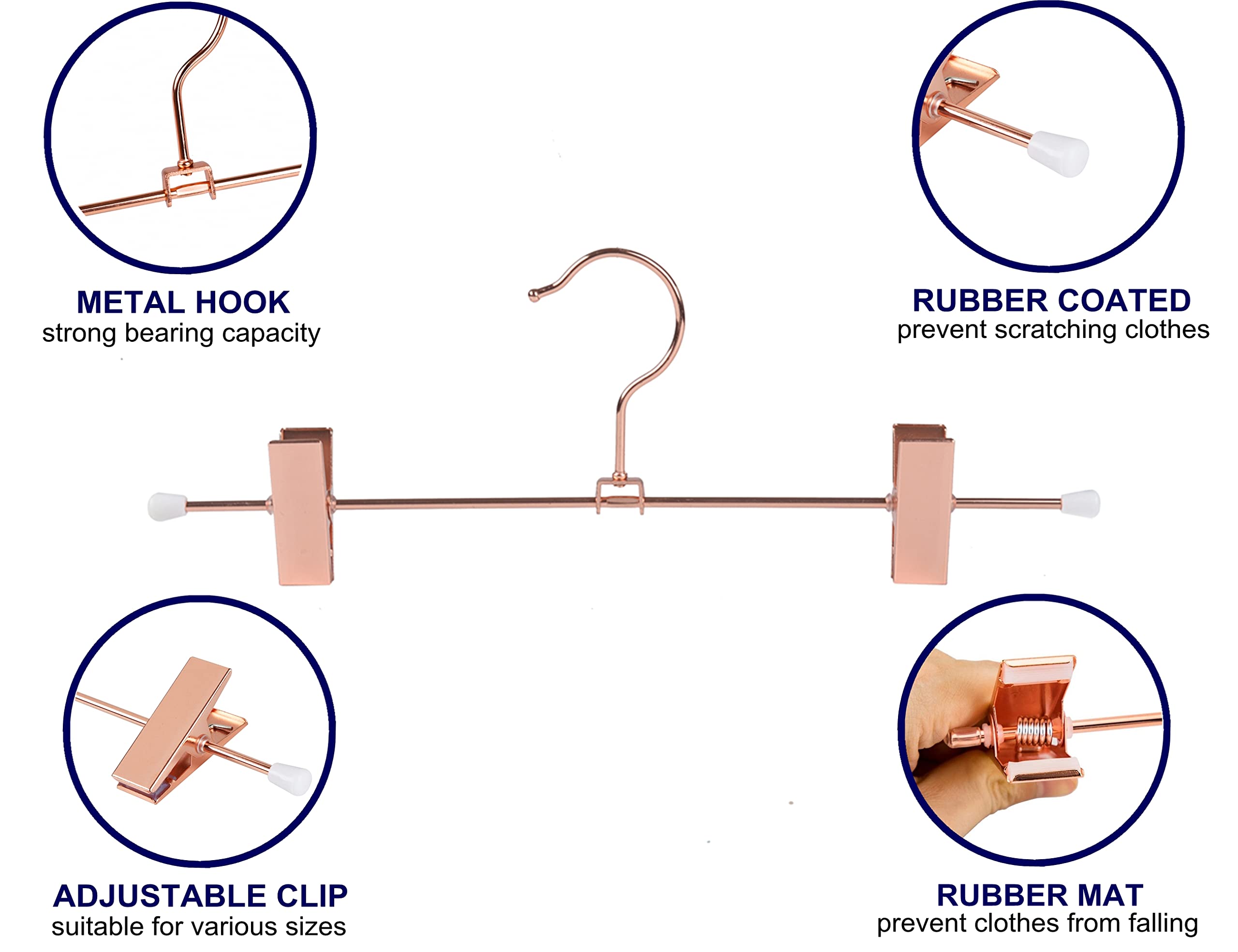 Amber Home 24 Pack Rose Copper Gold Metal Pants Skirt Hangers With Clips, Adjustable Clip Metal Trouser Hangers, Clip Hangers Fo