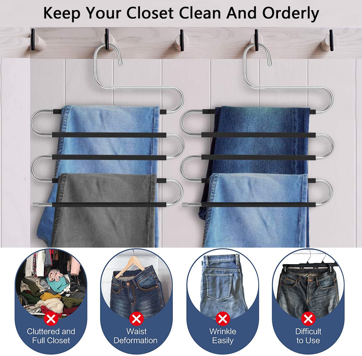 Skroad Pants Hangers Space Saving,3 Pack S-Type Non-Slip Stainless Steel Clothes Pants Hangers Closet Organizers And Storage, Cl