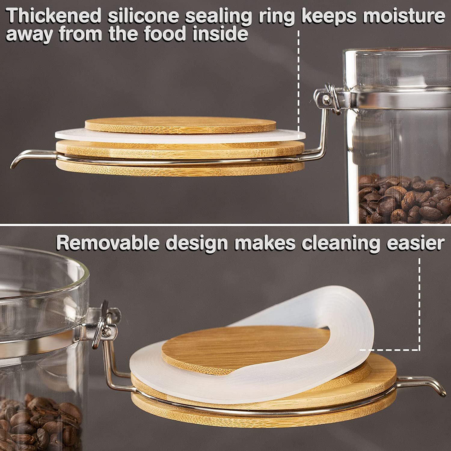 Yangbaga Glass Coffee Sugar Containers With Shelf, 3 X 45 Oz Coffee Bean Storage Station Organizer With Airtight Locking Clamp A