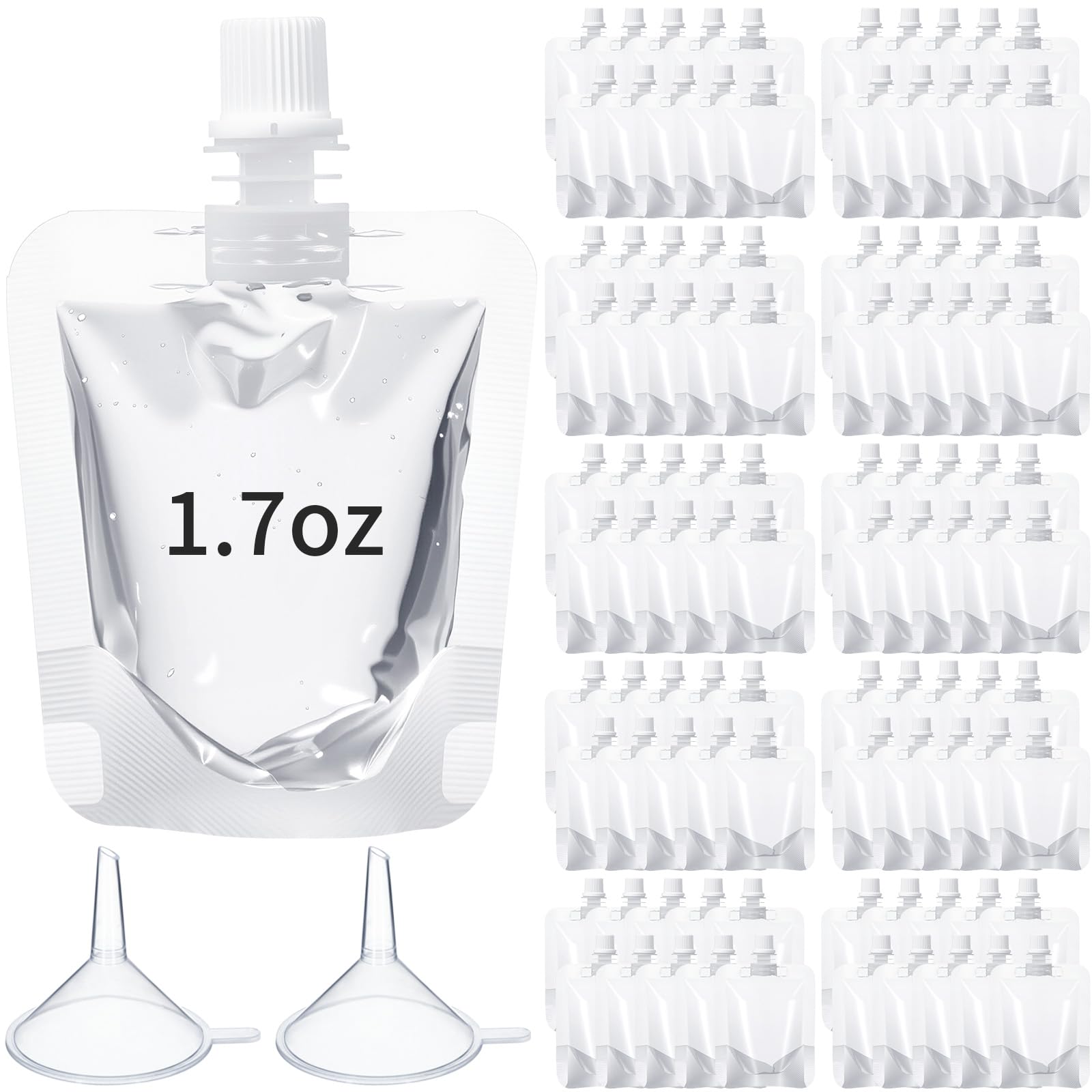 Seeloowy 100 Pcs Plastic Pouches Bulk Clear Juice Bags Squeeze Pouches Plastic Leak Proof Bags with Funnel for Party Favors (1.7