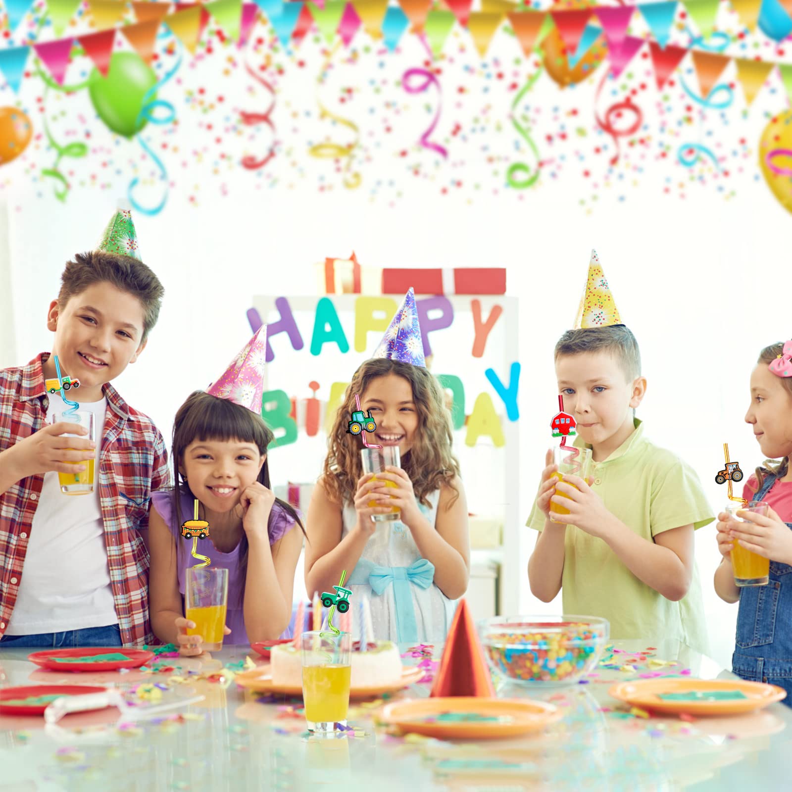 24 Tractor Party Favors Drinking Straws for Farm Green Tractor Birthday Party Supplies with 2 PCS Straws Cleaning Brush