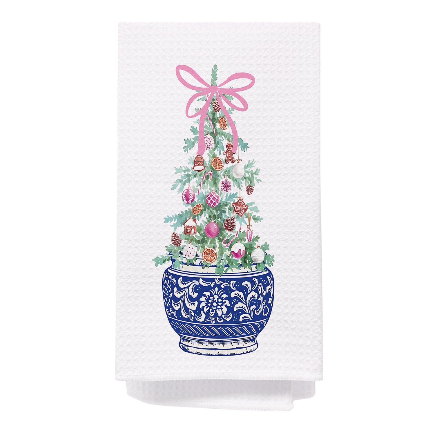 Spbl&L Chinoiserie Christmas Kitchen Towels, Pink Bow Christmas Tree Hand Towels For Bathroom, Blue And White Porcelain Chinoise