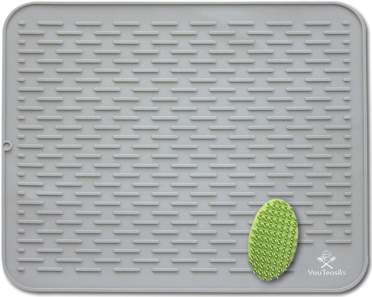 Silicone Dish Drying Mat & Scrubber Xxl 21'' X18 '' | Gray Kitchen Dish Drainer Mats & Trivet | Food Safe Fast Draining Pad For