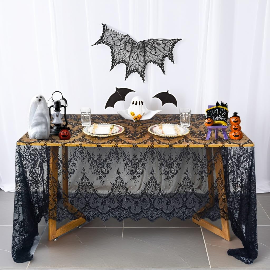 Vintage-Lace-Tablecloth 60X120-Inch 1 Pack Black Lace Rectangle Tablecloth Lace Boho Print Tablecloth Lace Overlay Tablecloth La