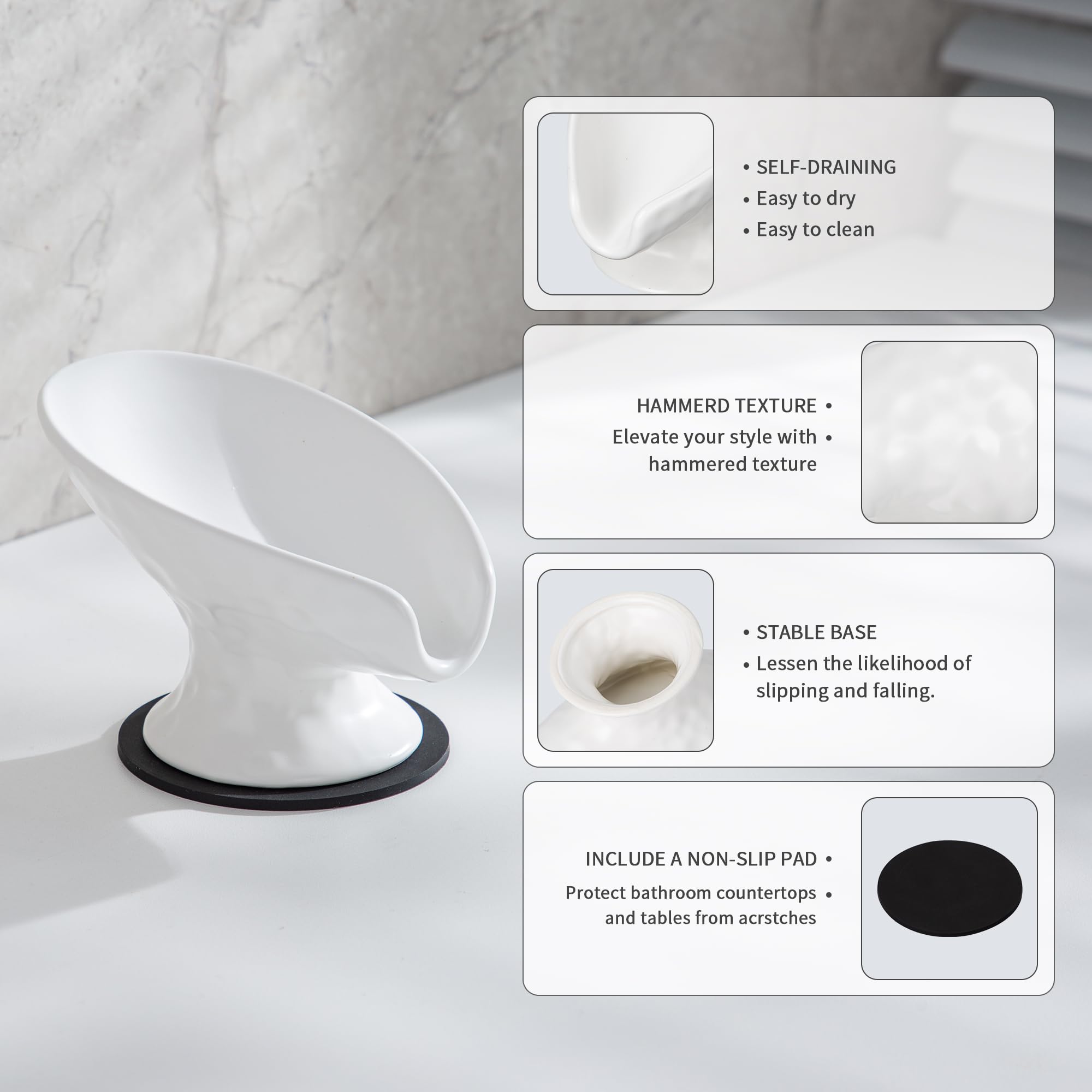 Self Draining Soap Dish,Soap Dish For Shower,White Ceramic Soap Holder For Bathroom Kitchen Shower Keeps Soap Dry, Easy To Clean