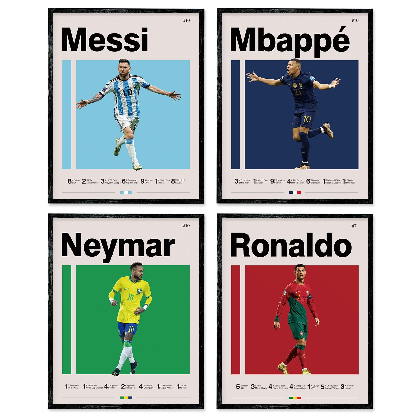 Soccer Posters 8X10 Inch Canvas Prints Unframed Set Of 4 - Messi, Ronaldo, Mbape And Neymar Famous Football Superstar Poster Spo