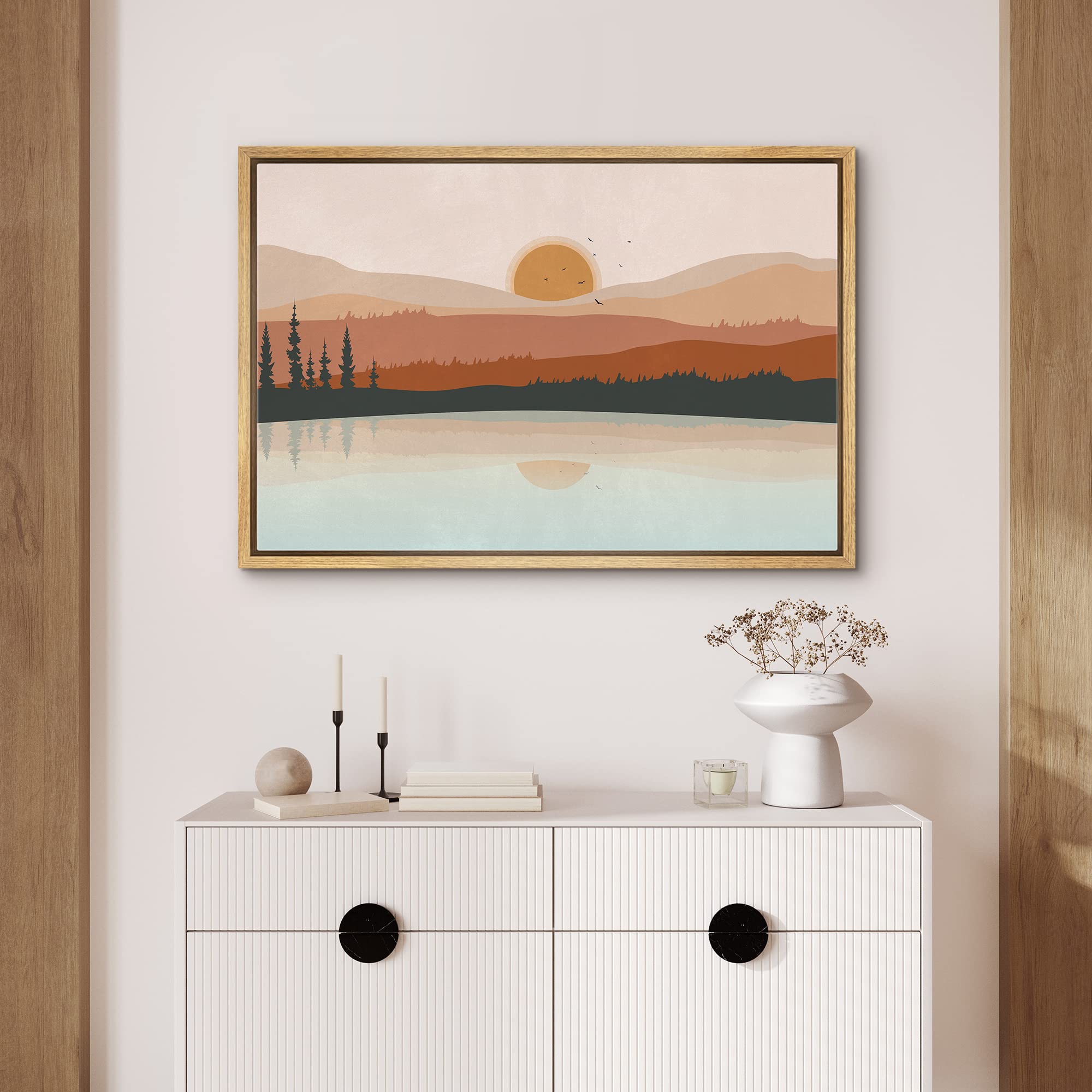 Signford Framed Canvas Print Wall Art Pastel Mountain Forest Range Lake Reflection Nature Wilderness Illustrations Modern Art Ze