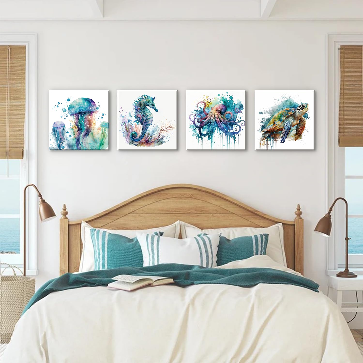 Ocean Animals Wall Art Sea Turtle Jellyfish Wall Pictures Bathroom Decor Watercolor Teal Octopus Seahorse Canvas Prints Bedroom