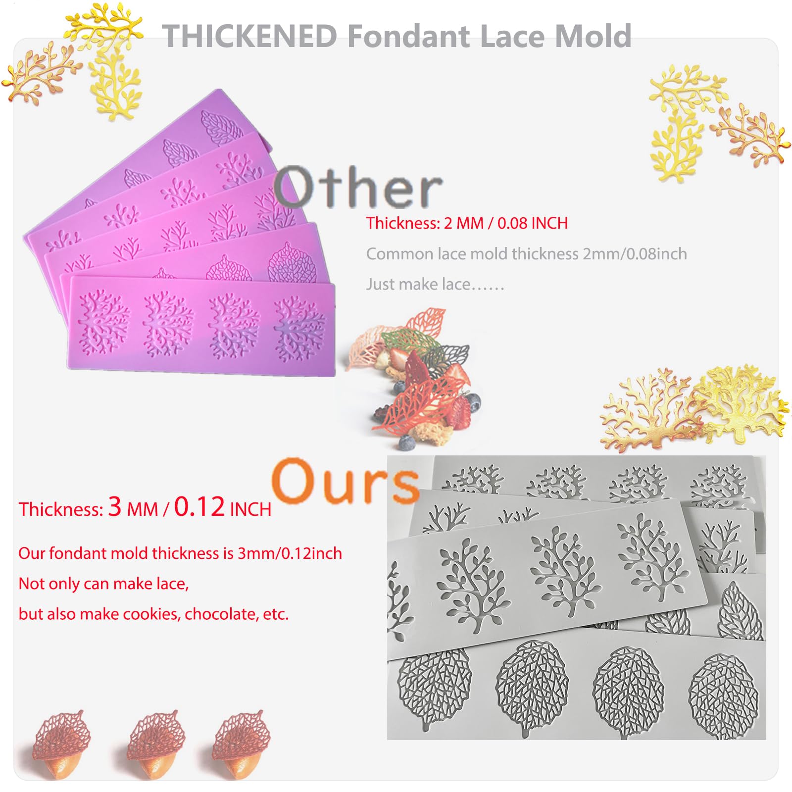 7Pcs Leaf Molds Silicone Fondant Molds With Dough Scraper Silicone Spatula, 3D Coral Branch Leaf Chocolate Molds, Silicone Molds