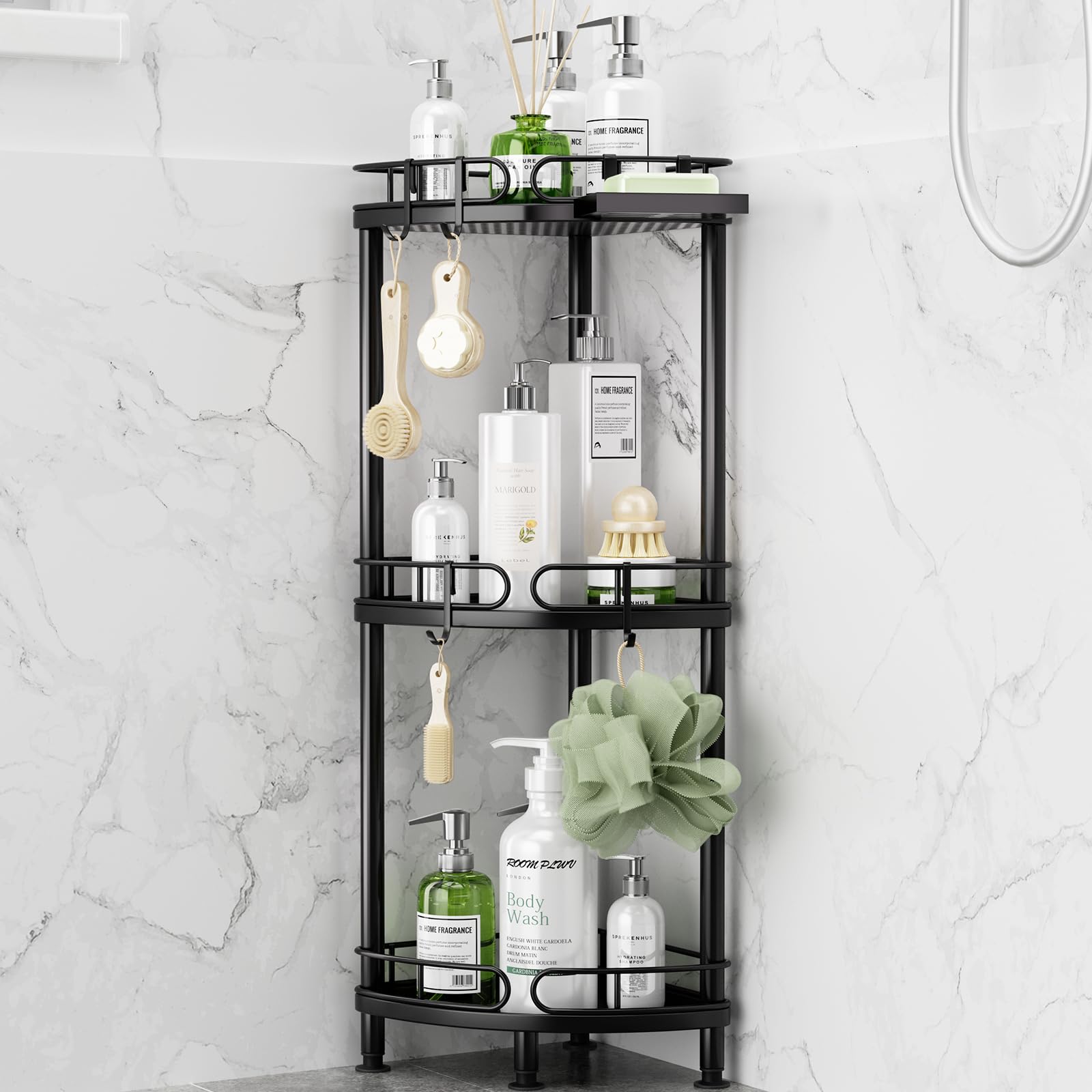 Swtymiki Corner Shower Caddy Standing - 3 Tier Corner Shelf Stand Shower Organizer With Soap Holder, Rust Proof Freestanding Flo