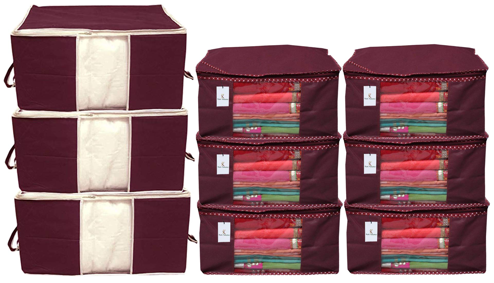 Kuber Industries Non Woven 6 Pieces Saree Cover And 3 Pieces Underbed Storage Bag, Cloth Organizer For Storage, Blanket Cover Co