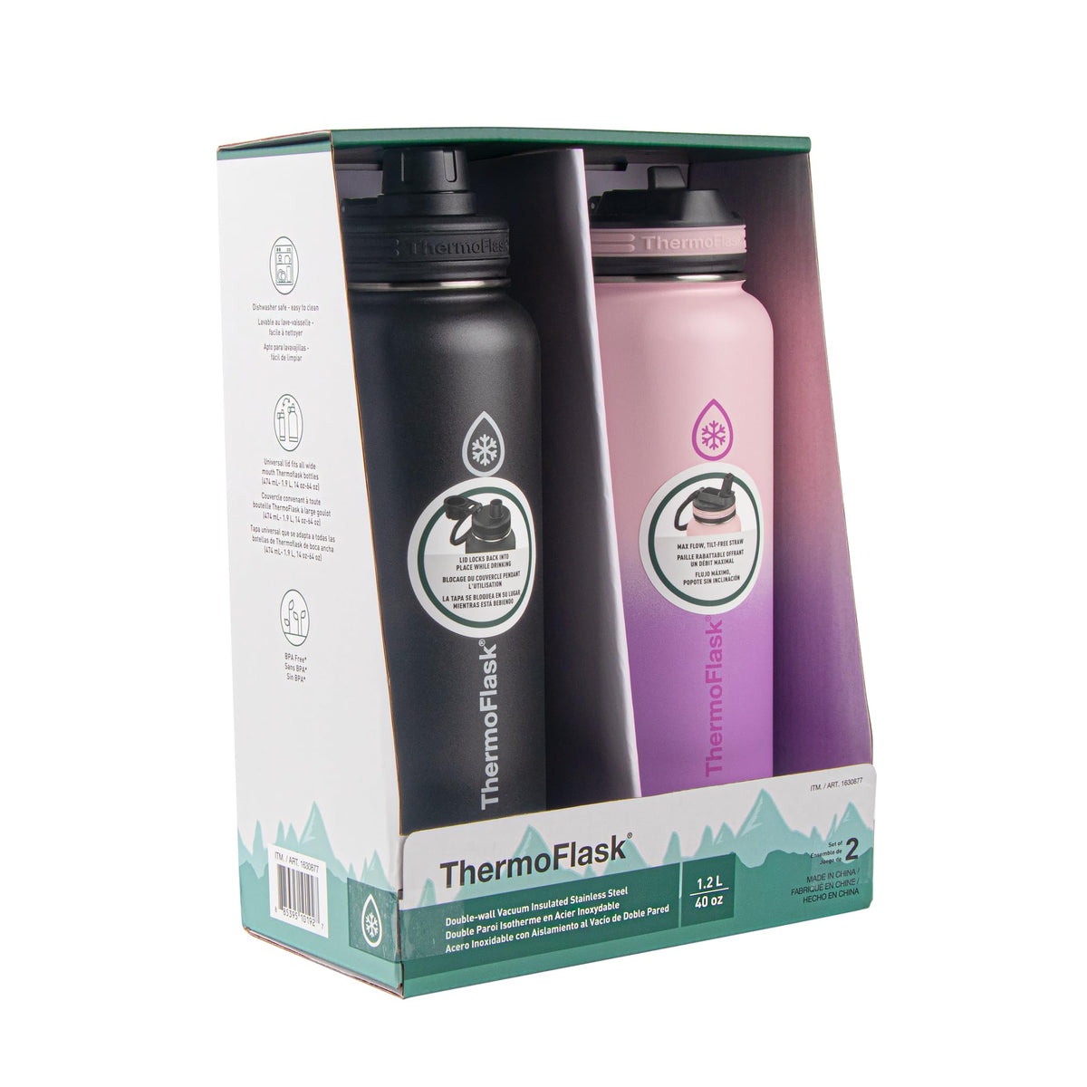 Thermoflask 40Oz Stainless Steel Insulated Water Bottles With Straw And Spout Lids, 2-Pack, Black/Rose Purple
