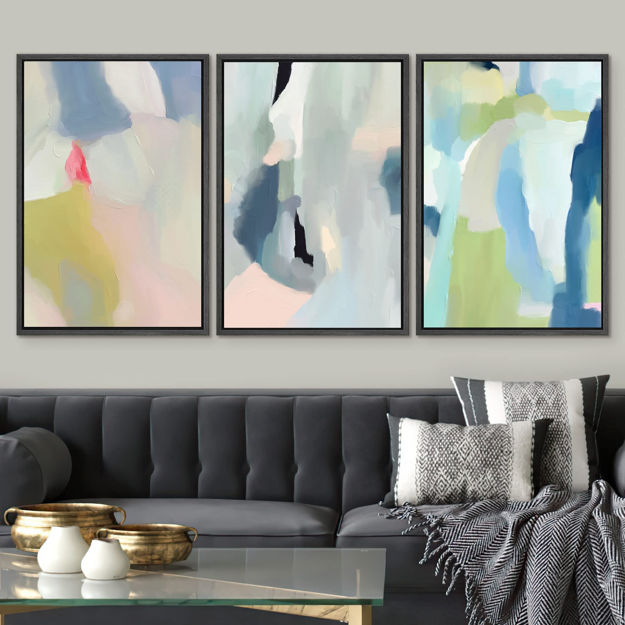 SIGNWIN Framed Canvas Print Wall Art Set Vibrant Pastel Paint Stroke Collage Shapes Abstract Illustrations Modern Art Decorative Nordic Calm/Zen for Living Room  Bedroom  Office - 24''x36''x3 Black