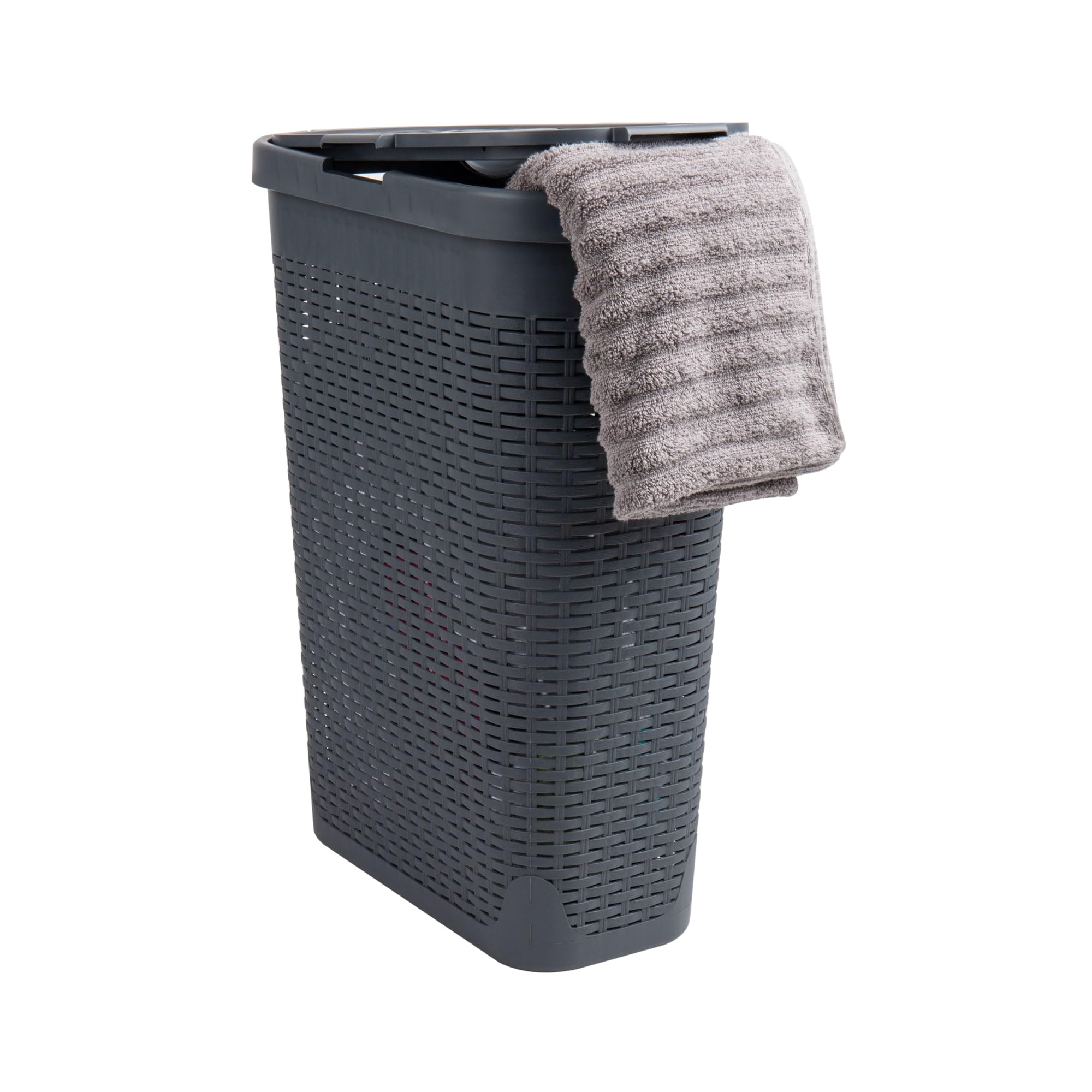 Mind Reader 40L Slim Laundry Hamper, Clothes Basket, Lid, Wicker Design, Plastic, 18''L X 10.4''W X 23.5''H, Gray