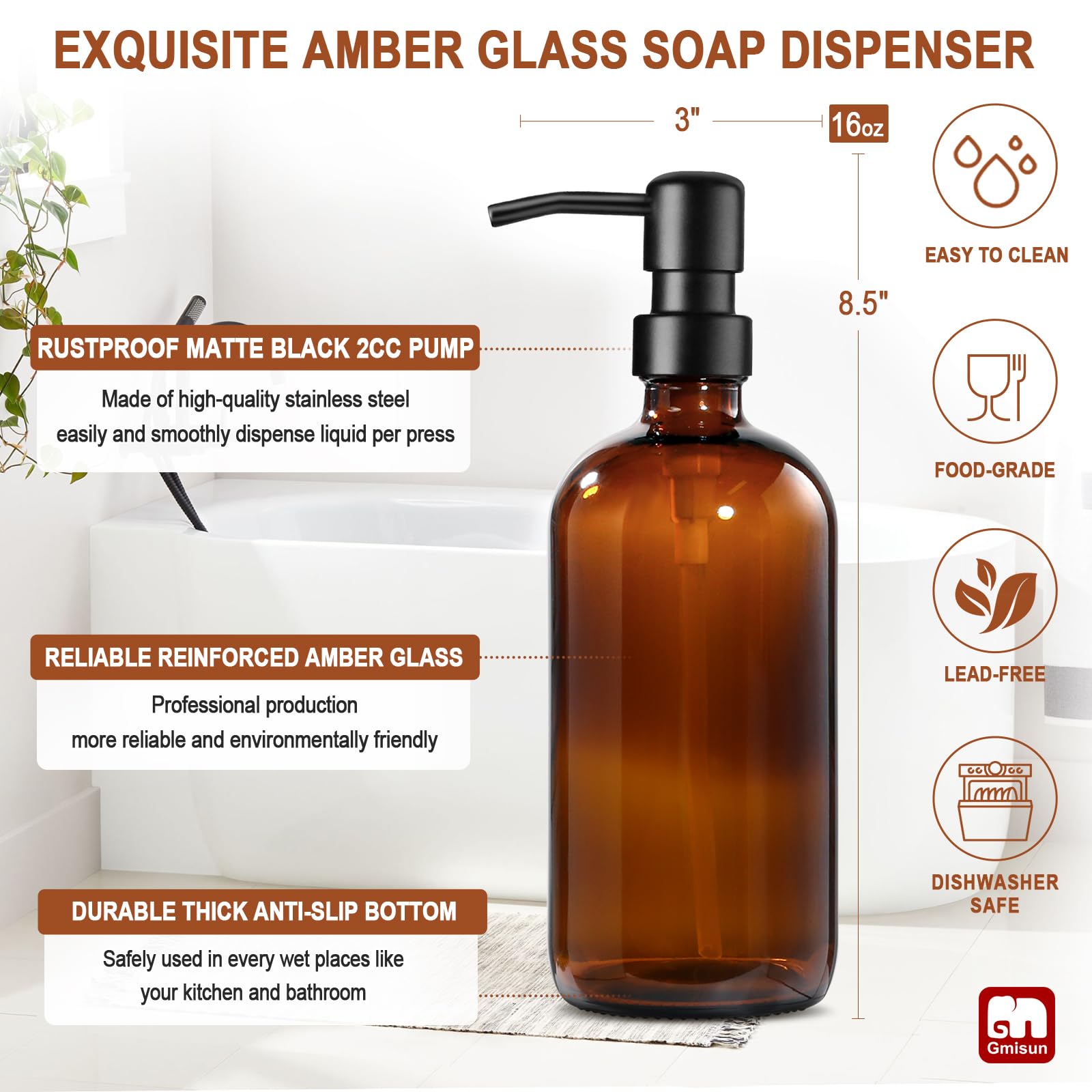 Gmisun Amber Glass Soap Dispenser, 1 Pack Dish Soap Dispenser For Kitchen With Rustproof Stainless Steel Pump, 16 Oz Bathroom Ha