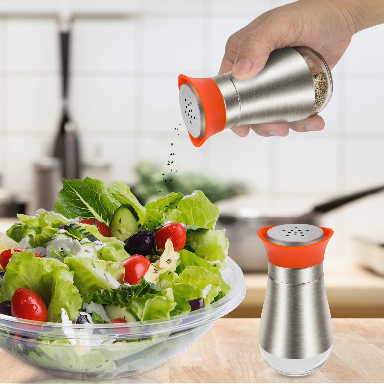 Evelyne Salt Pepper Seasoning Glass Shaker with Stainless Steel Cover 2 pcs Pack Set (Orange)