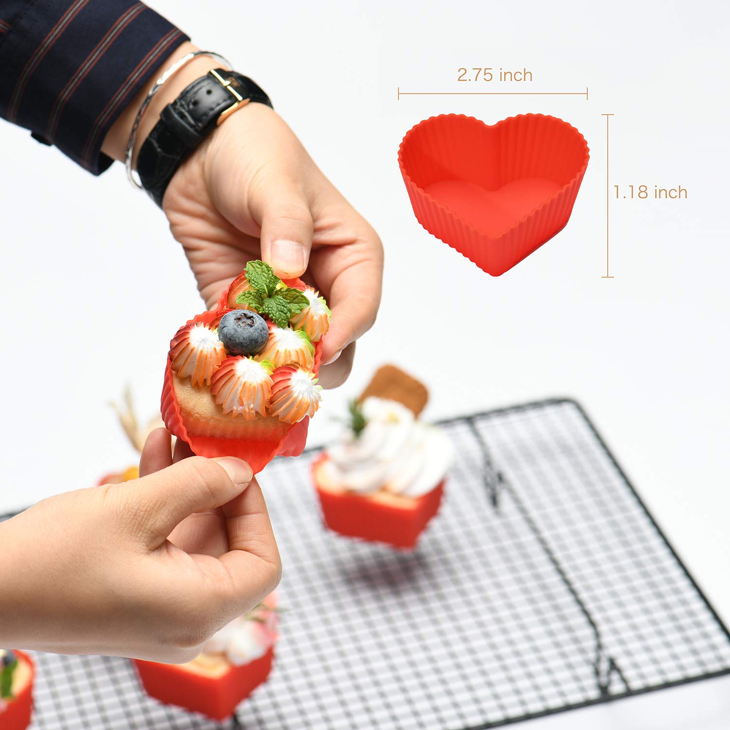 Baking Cups Cupcake Liners Silicone - Non-Stick Pastry Muffin Liner Molds, 2.75 Inch Reusable Storage Container,Heart,24 Pack