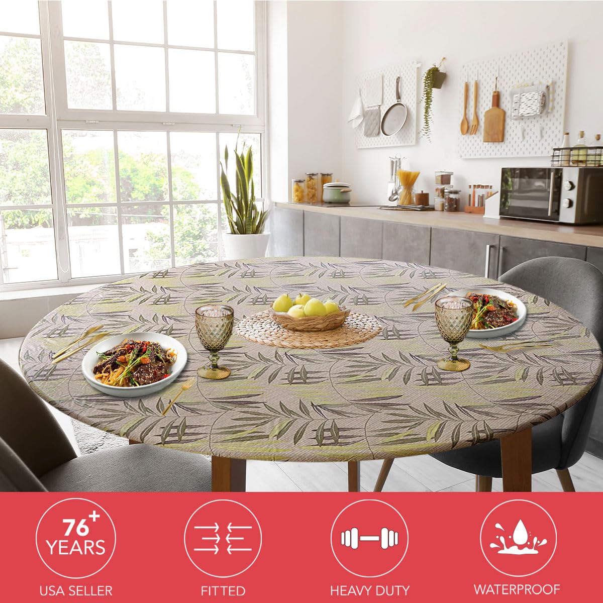 Covers For The Home Deluxe Elastic Edged Flannel Backed Vinyl Fitted Table Cover - Fern Pattern - Large Round Oblong Oval - Fits