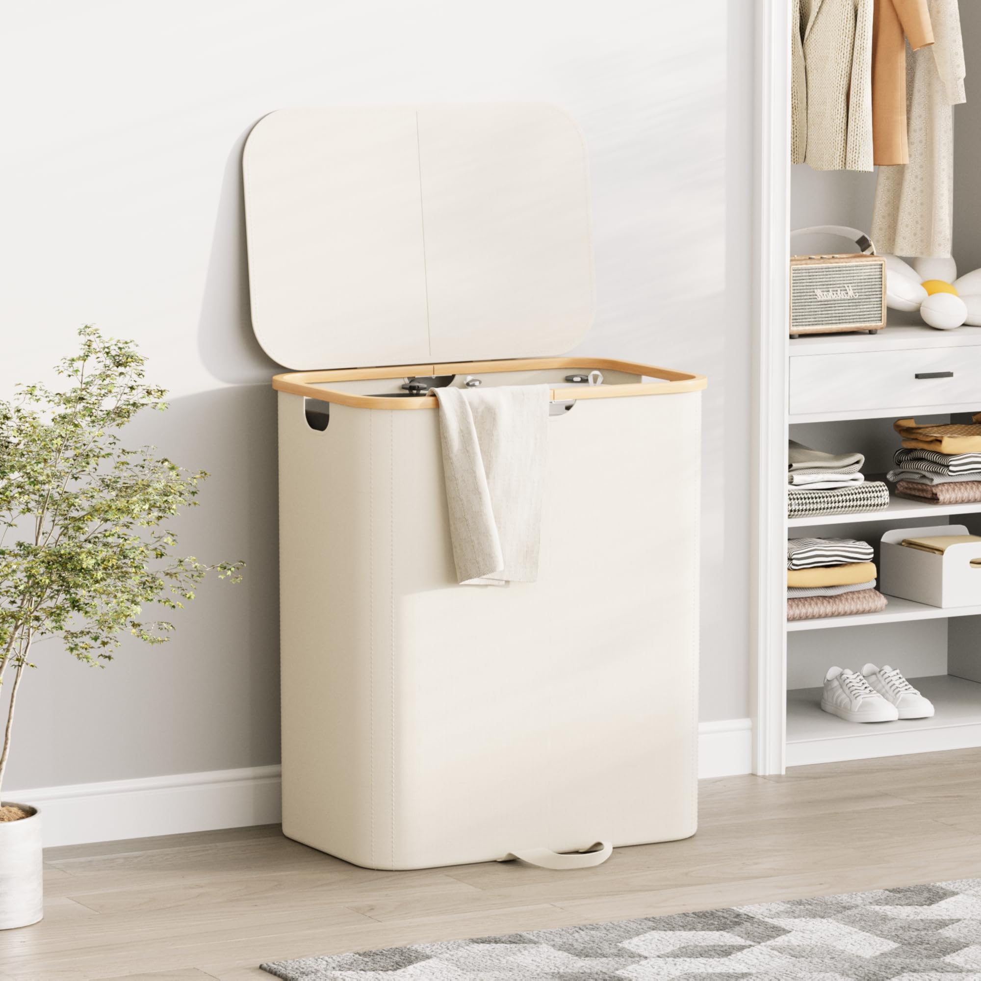 Xlhomo 160L Double Laundry Hamper With Lid, Dirty Clothes Hamper With 2 Removable Bags, Beige Laundry Hamper 2 Section With Bamb