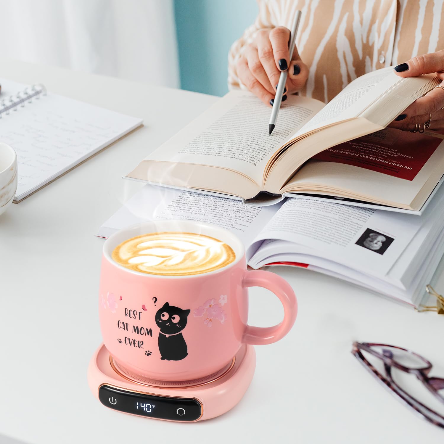 Bsigo Coffee Mug Warmer & Best Cat Mom Ever Mug Set, Electric Candle Mug Warmer 8H Auto Shut Off, Home & Office Beverage Cup Cof