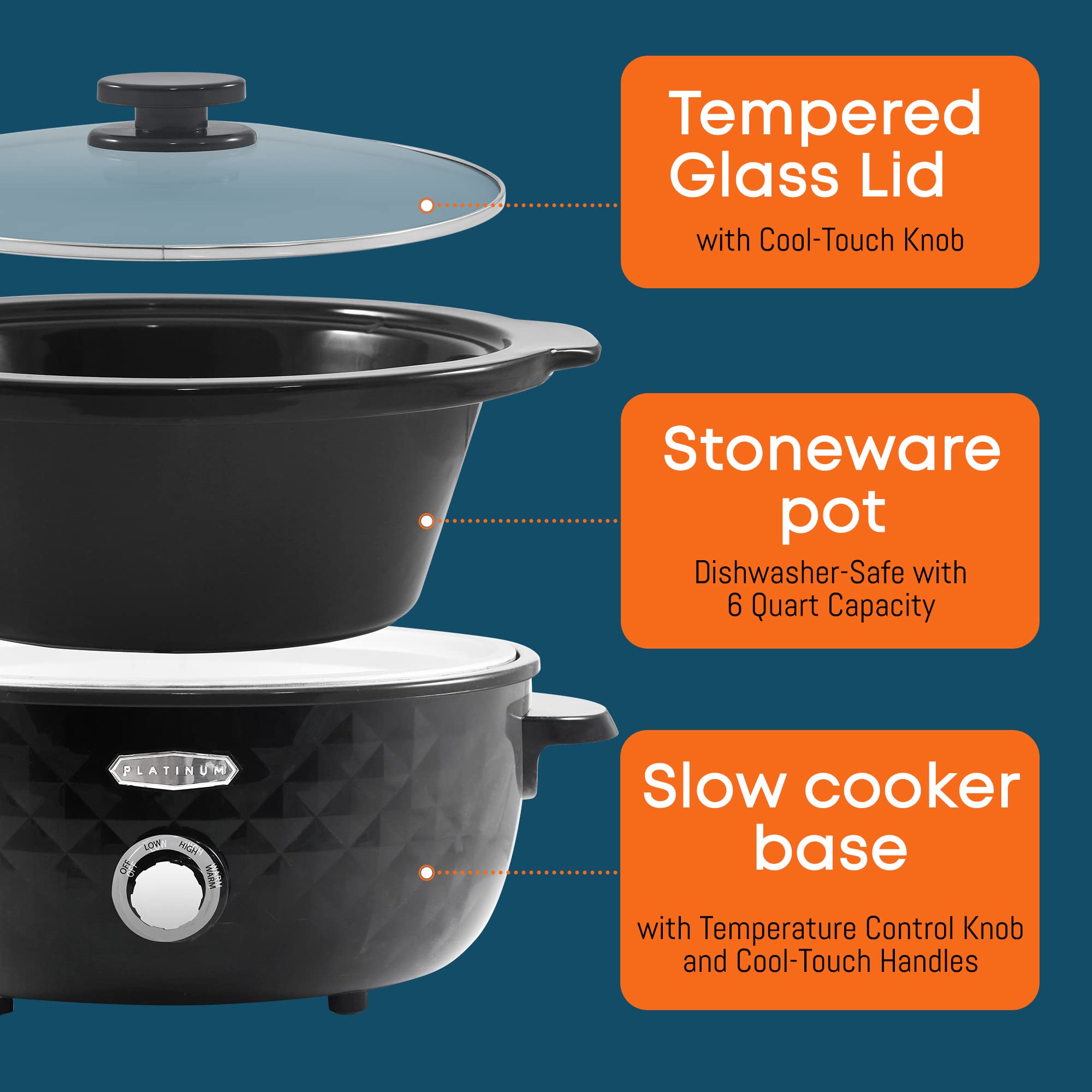 Elite Gourmet 6 Quart Slow Cooker, Black Stoneware, Removable Pot, Dishwasher-Safe, Model MST-1234B