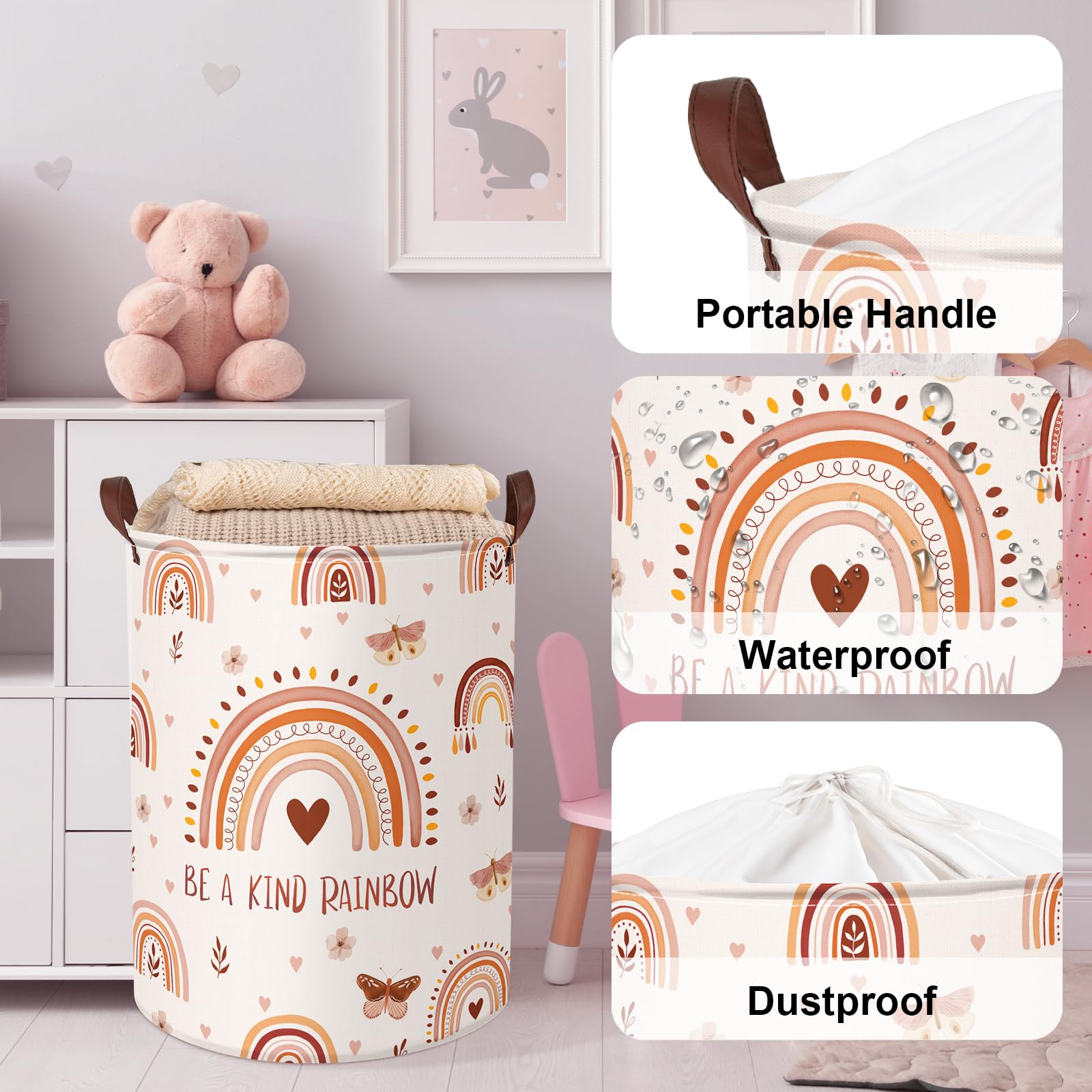 Clastyle 45L Boho Rainbow Laundry Hamper With Handle Drawstring Waterproof Butterfly Flowers Pink Laundry Basket Round Clothes T