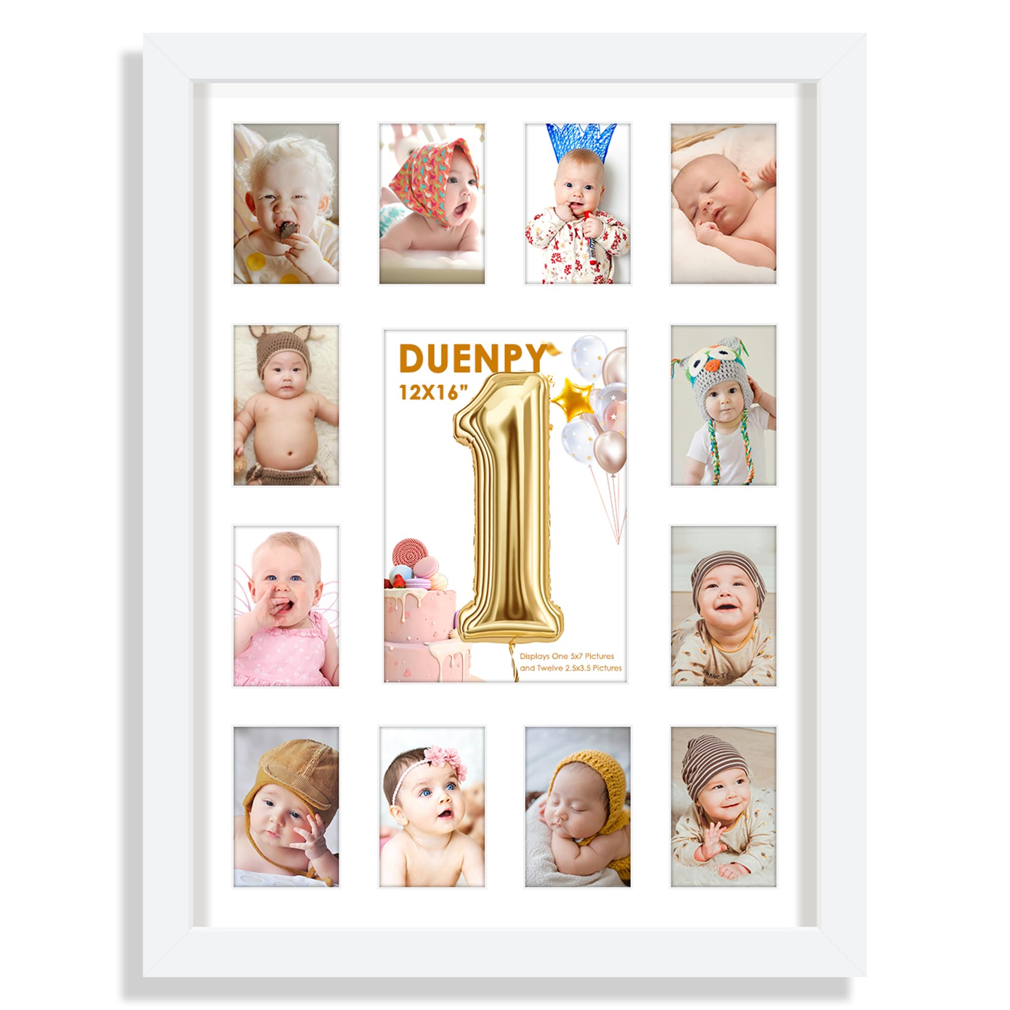 DUENPY 12x16 My First Year Picture Frame Displays One 5x7 inch and Twelve 2x3 inch Small Photo Collage Wall Hanging or Tabletop 