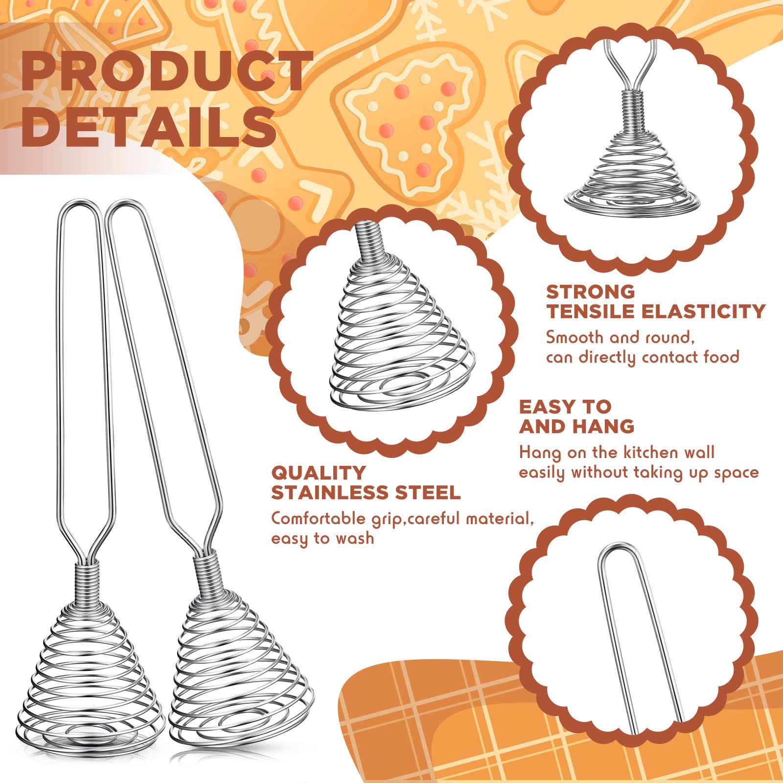 4 Pieces Stainless Steel Spring Whisk, 8.46 Inches Egg Whisk Hand Push Whisk Blender French Style Whisk Wire Whisk For Egg Beate