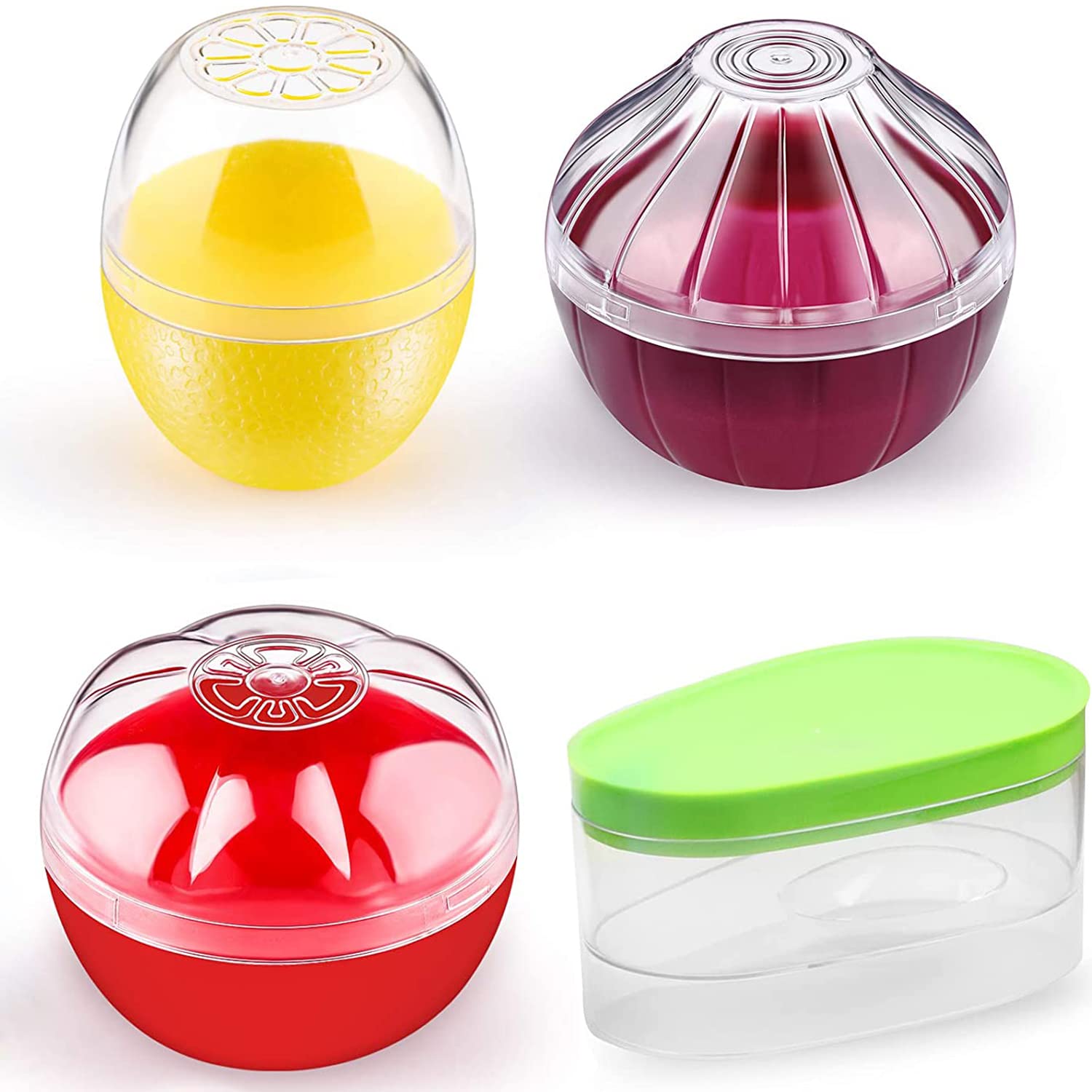 Ayccnh Fruit And Vegetable Storage Containers For Fridge 4 Piece Set, Onion, Lemon, Tomato And Avocado Saver/Holder/Keeper