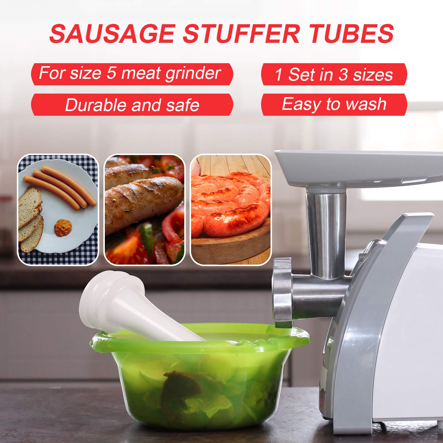 Mudder 9-Piece Sausage Stuffer Tube Set - Plastic Funnels for Size 5 Meat Grinder - 3 Sizes - White