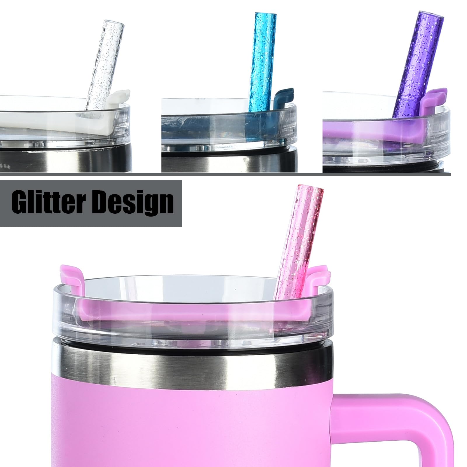 ALINK 10 Pack Pink Replacement Straws for Stanley 40 oz 30 oz Tumbler  12 in Long Reusable Plastic Glitter Straws for Stanley Cup Accessories  Half Gallon Jug  Plus 2 Cleaning Brush