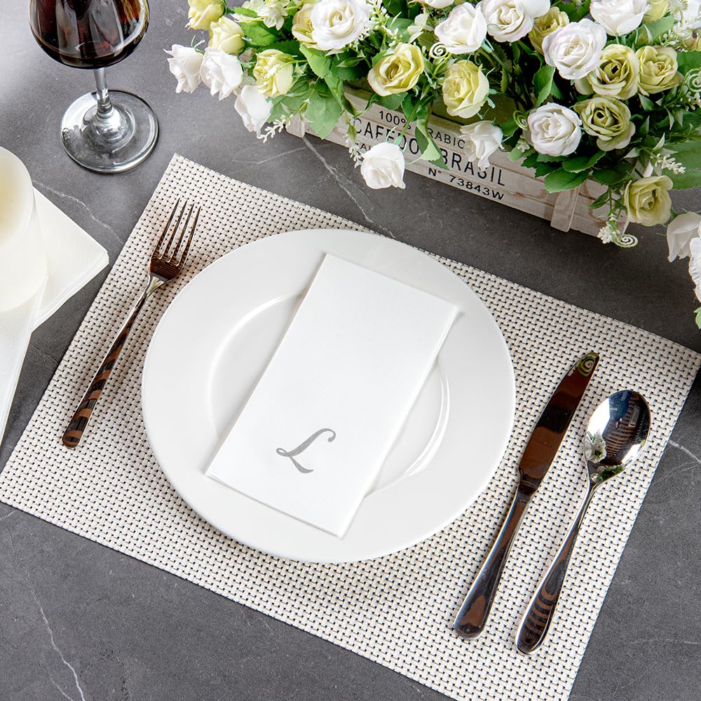 Luxenap 15.8 X 7.9 Inch Linen-Feel Guest Towels, 2000 Lettered Hand Towels - Silver Letter 'L', Cursive Font, White Paper Dinner