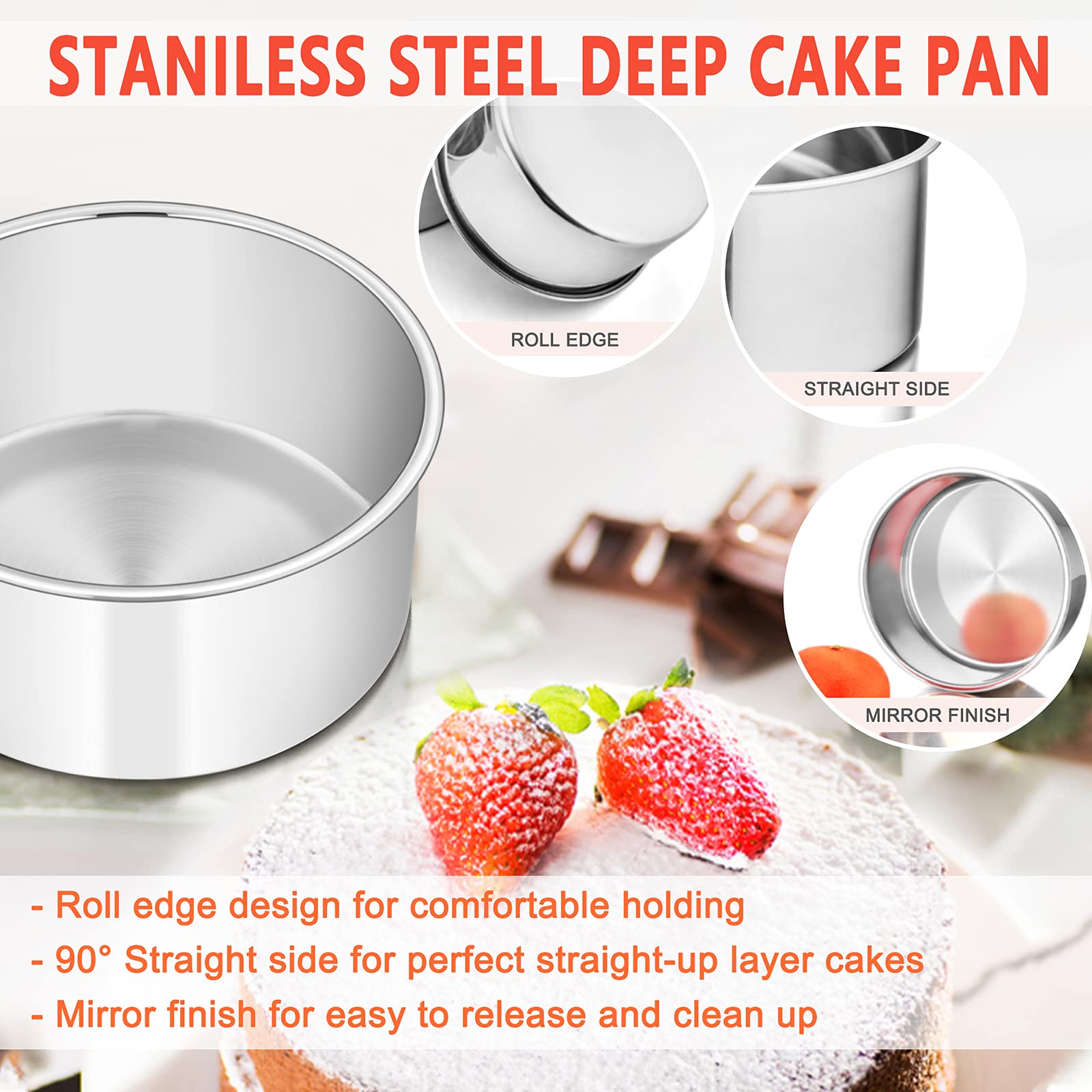 E-Far Cake Pans Set Of 3, 6 X 3 Inch Stainless Steel Round Cake Baking Pans, Deep Metal Cake Tins For Small Tier Layer Cake Wedd