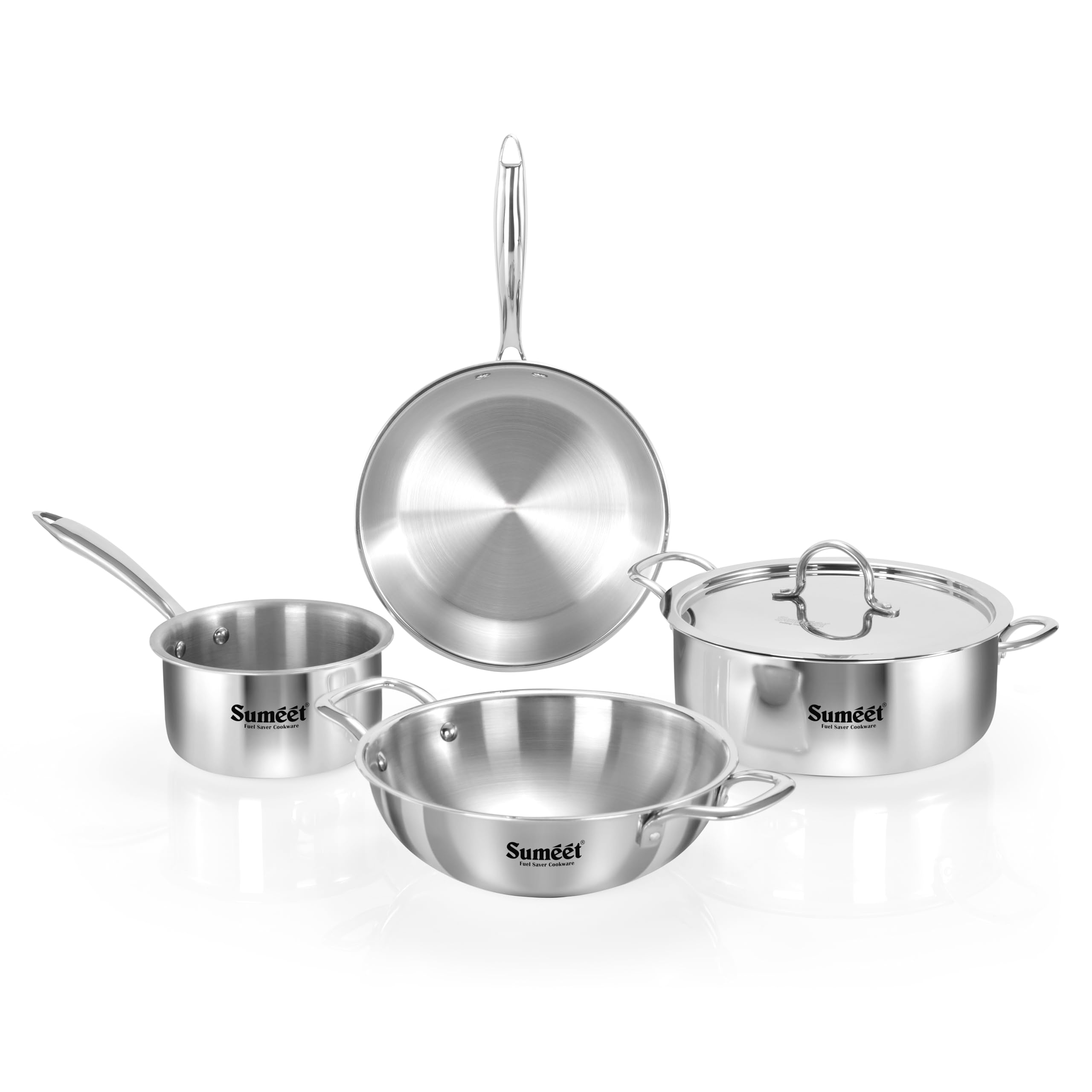 Sumeet Cook Smart Triply Stainless Steel 5Pc Induction Base Cookware Set Of Deep Kadai  20Cm  1.7L, Frypan  20Cm  1 Ltr, Sau