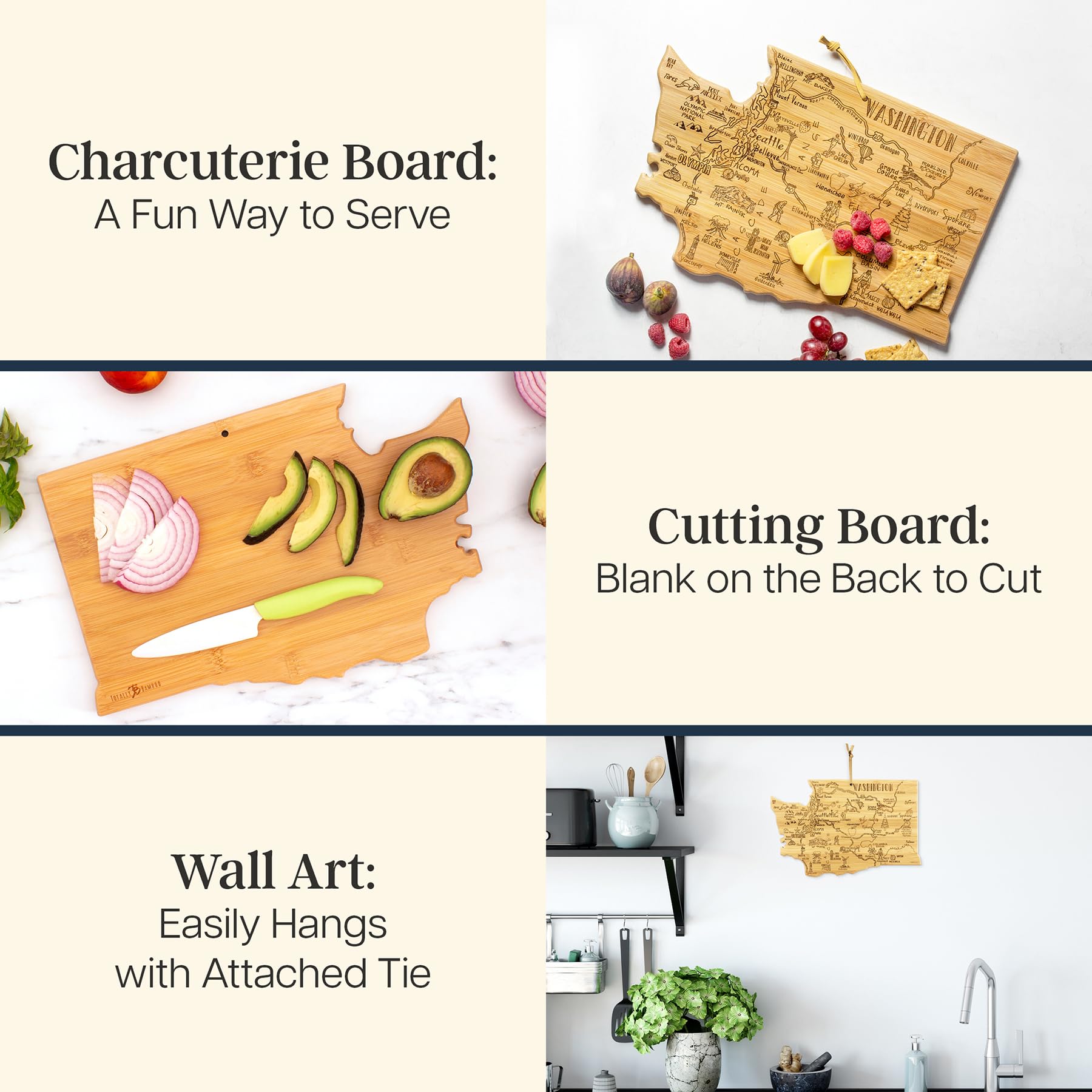 Totally Bamboo Destination Washington State Shaped Cutting Board, Charcuterie and Cheese Serving Board - Washington Gift for Hom