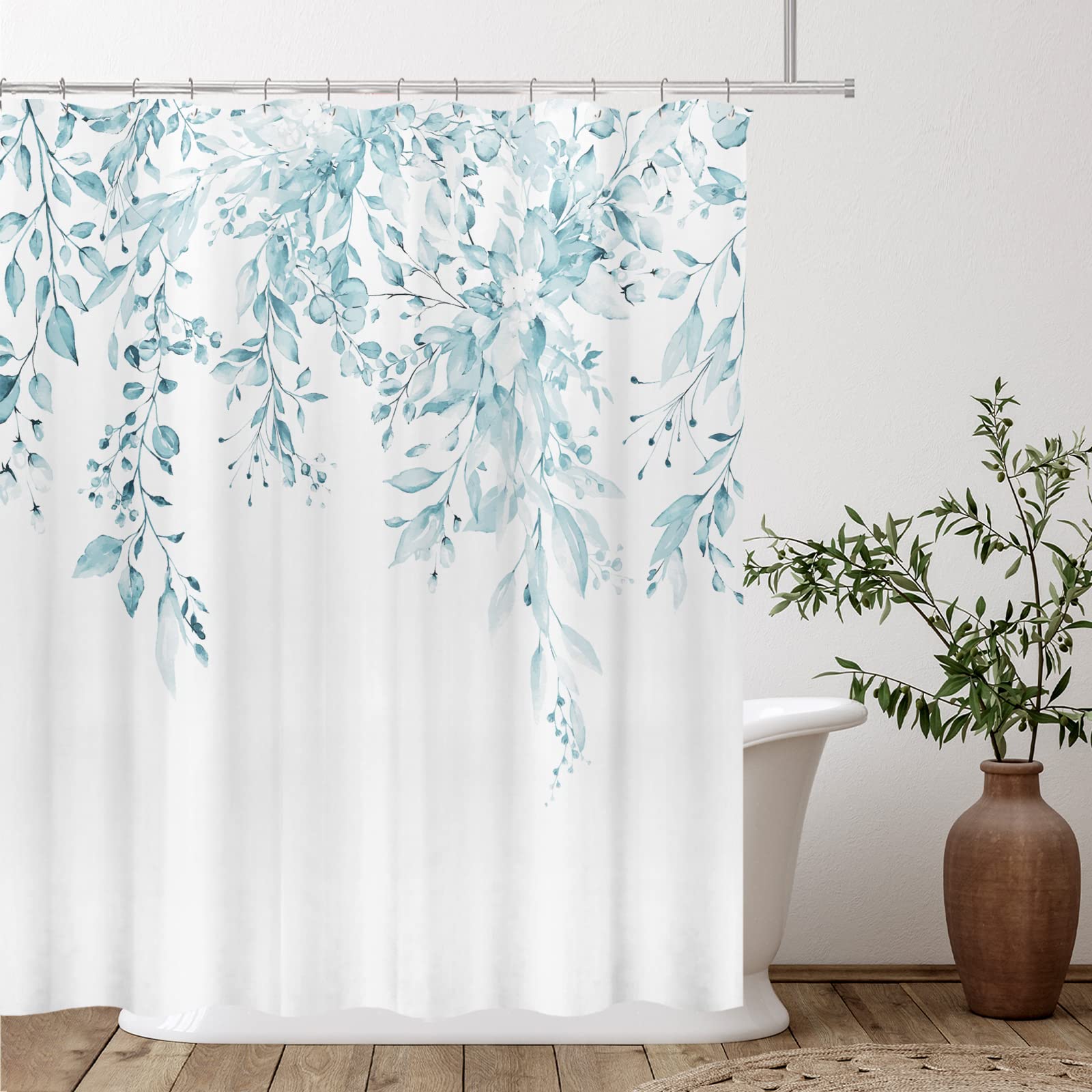 Tititex Spun Sugar Light Blue Eucalyptus Shower Curtain Sets, Bright Watercolor Leaves On The Top Plant With Floral Bathroom Dec