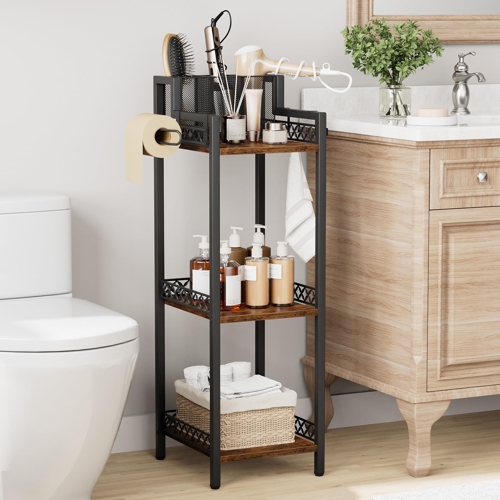 FURFUN Bathroom Storage Shelf Hair Dryer Holder, 3-Tier Narrow Metal Standing Rack with Toilet Paper Holder, Multifunctional Cor