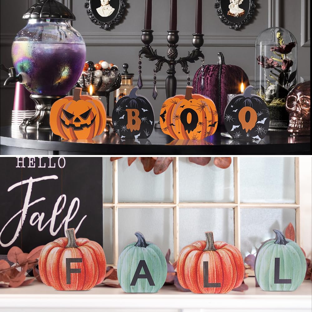 Fall Decorations for Home & Halloween Decorations Indoor, DECSPAS Double-sided Pumpkin Wood Sign with Fall & BOO Lettered, Autum
