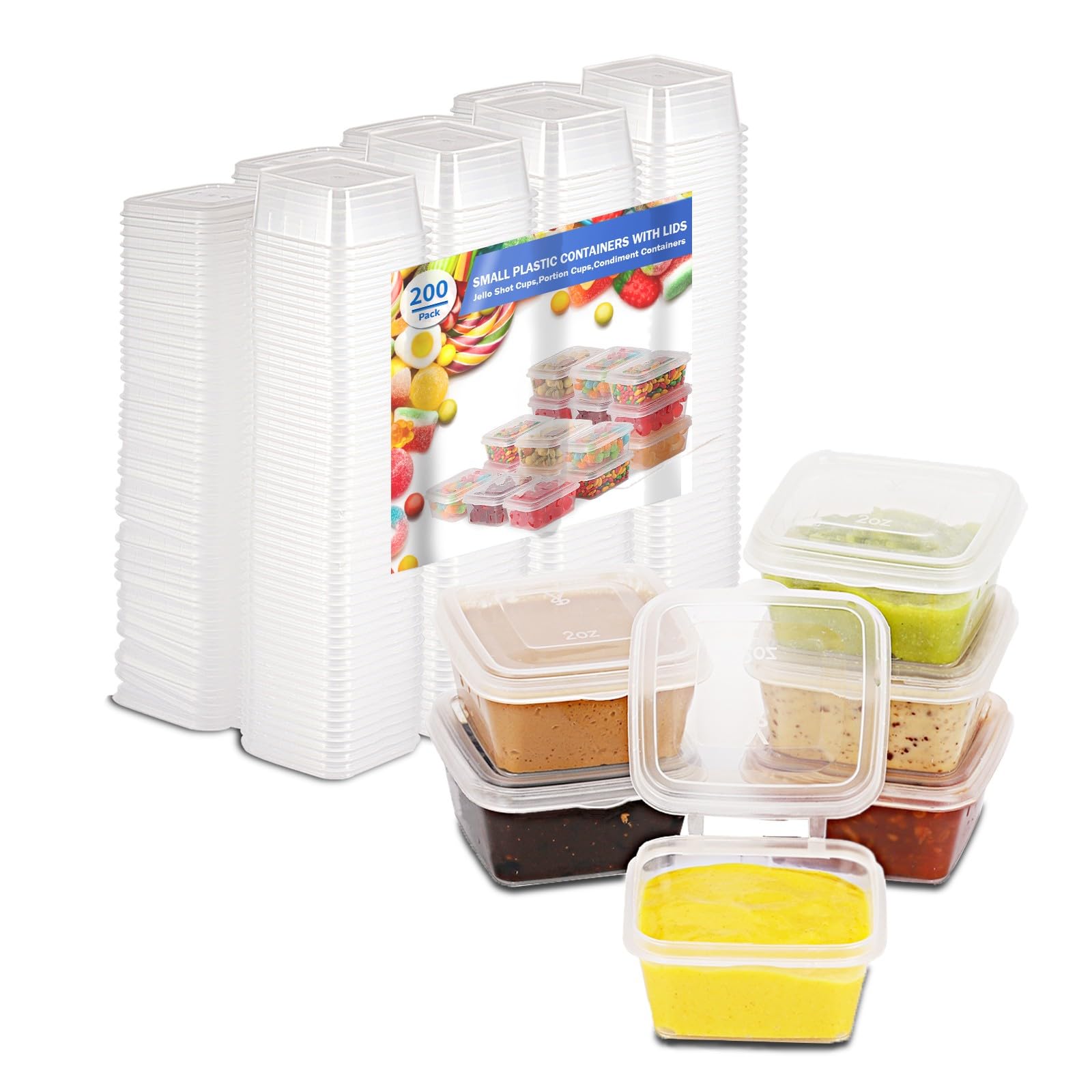 RIKICACA 2 oz Plastic Containers with Lids (200pack), Disposable Condiment Containers with Lids, Portion Cups for Sauce, Jello S