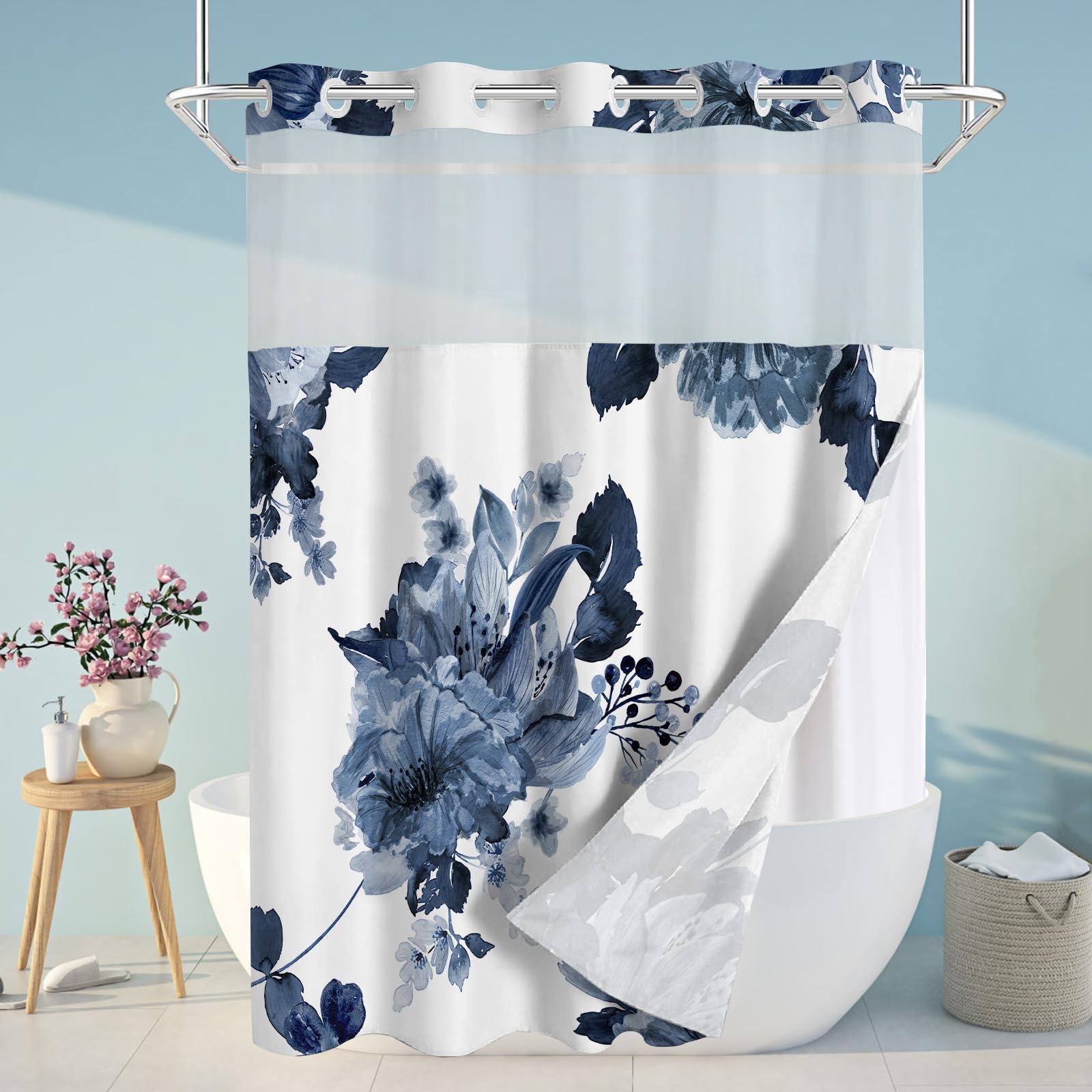 Sscrcusly 71X84 Inches, No Hook Shower Curtain With Snap In Liner Set, Blue Floral And White Modern Hotel Style For Bathroom